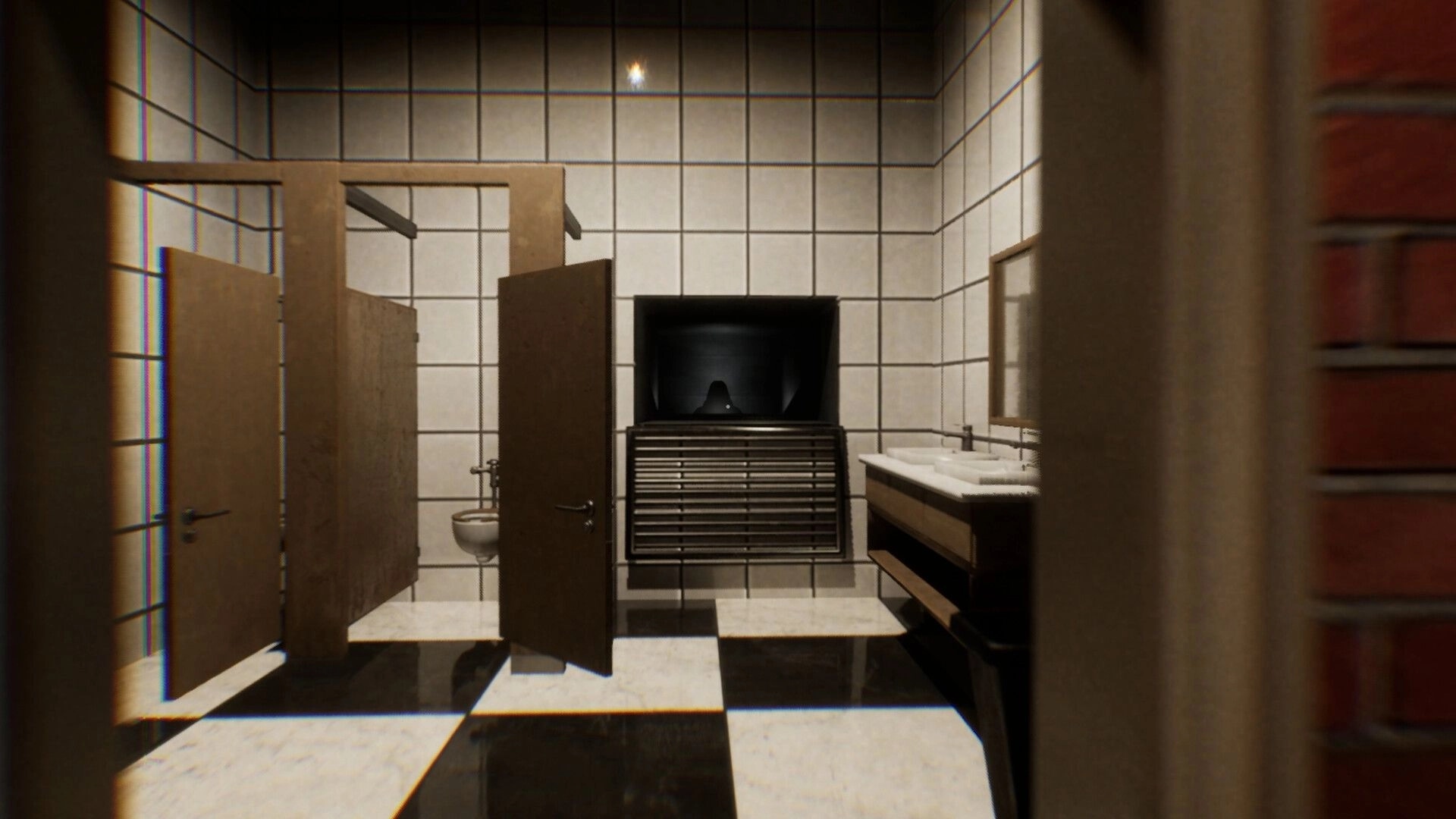 Midnight Crane: Dimly lit restroom with open stall doors and eerie figure visible through window vent