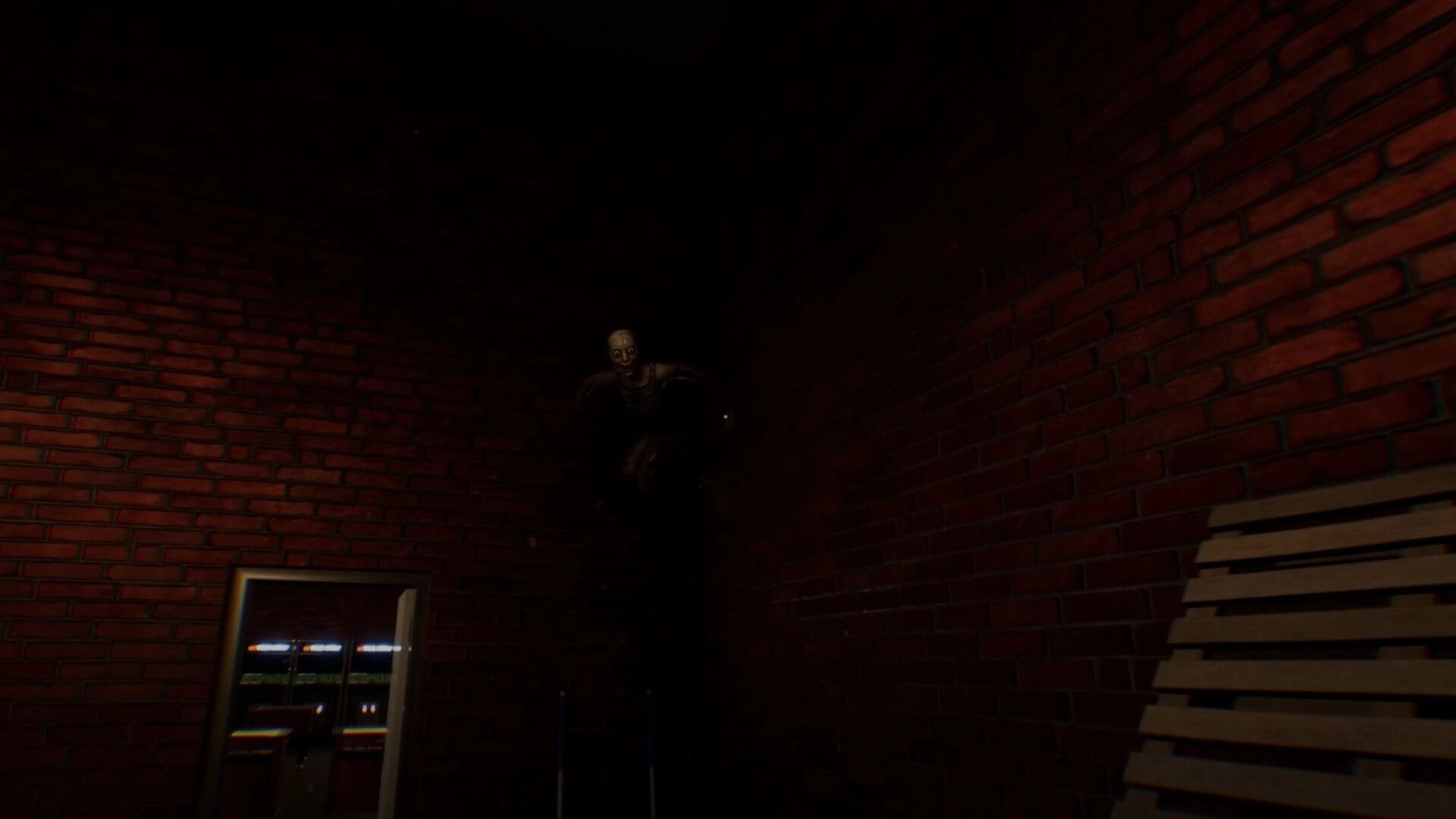 Midnight Crane: Eerie figure crouched in dark brick corner, dimly lit arcade visible through doorway