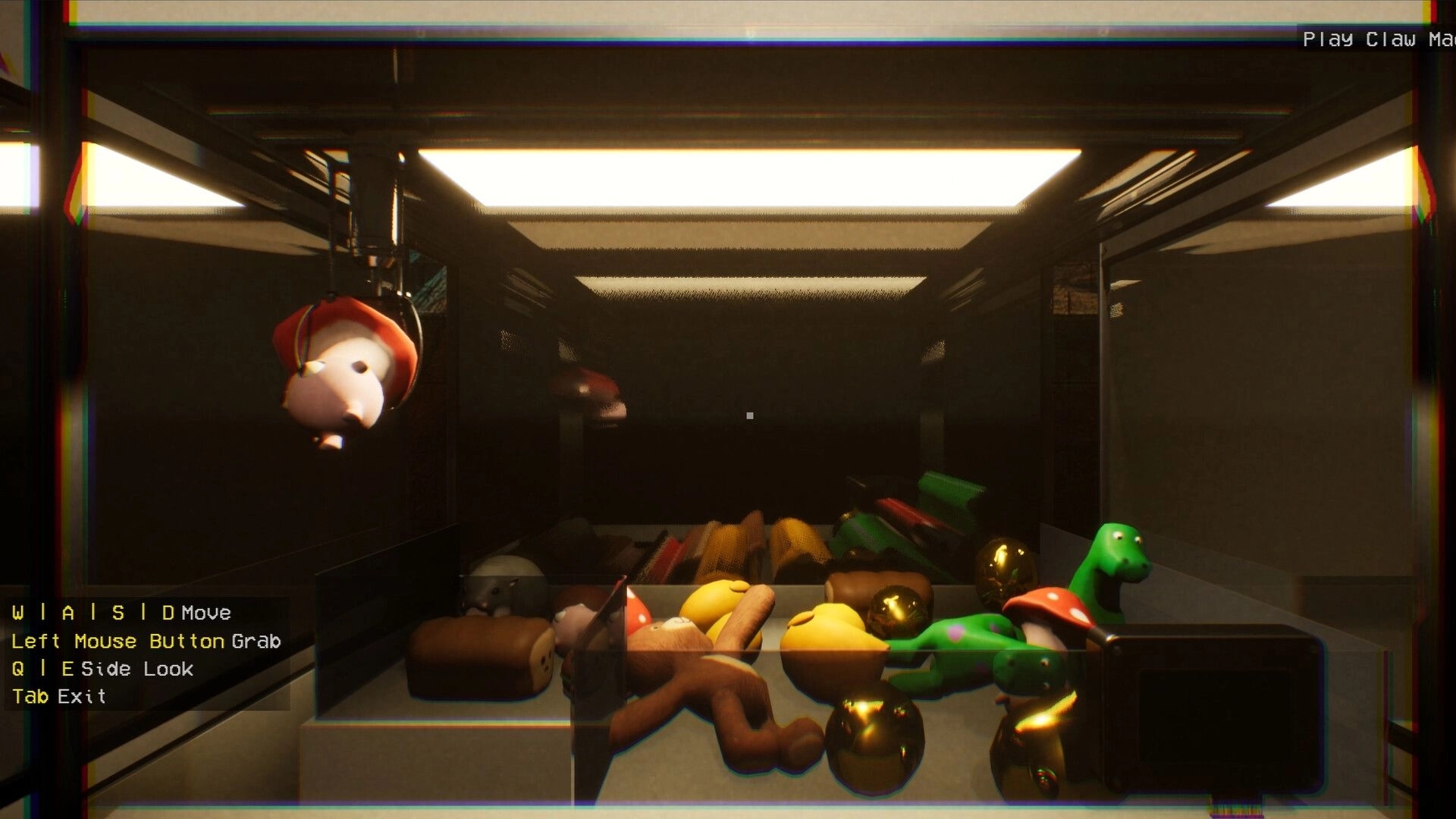 Midnight Crane: Claw machine gameplay with plush toys inside the arcade, UI controls displayed on screen