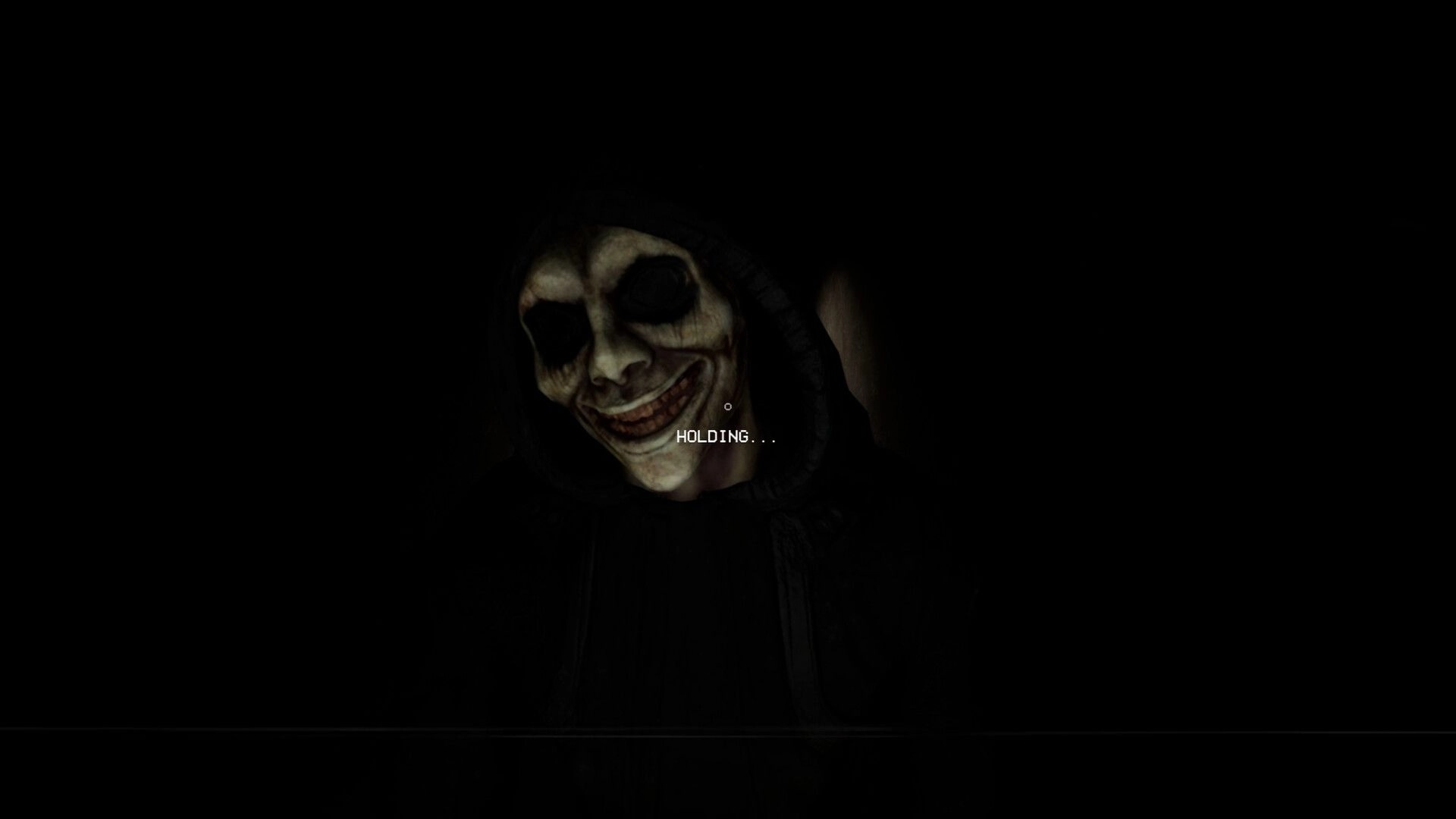 Midnight Crane: Creepy figure in darkness with "HOLDING..." text overlay, creating tense atmosphere