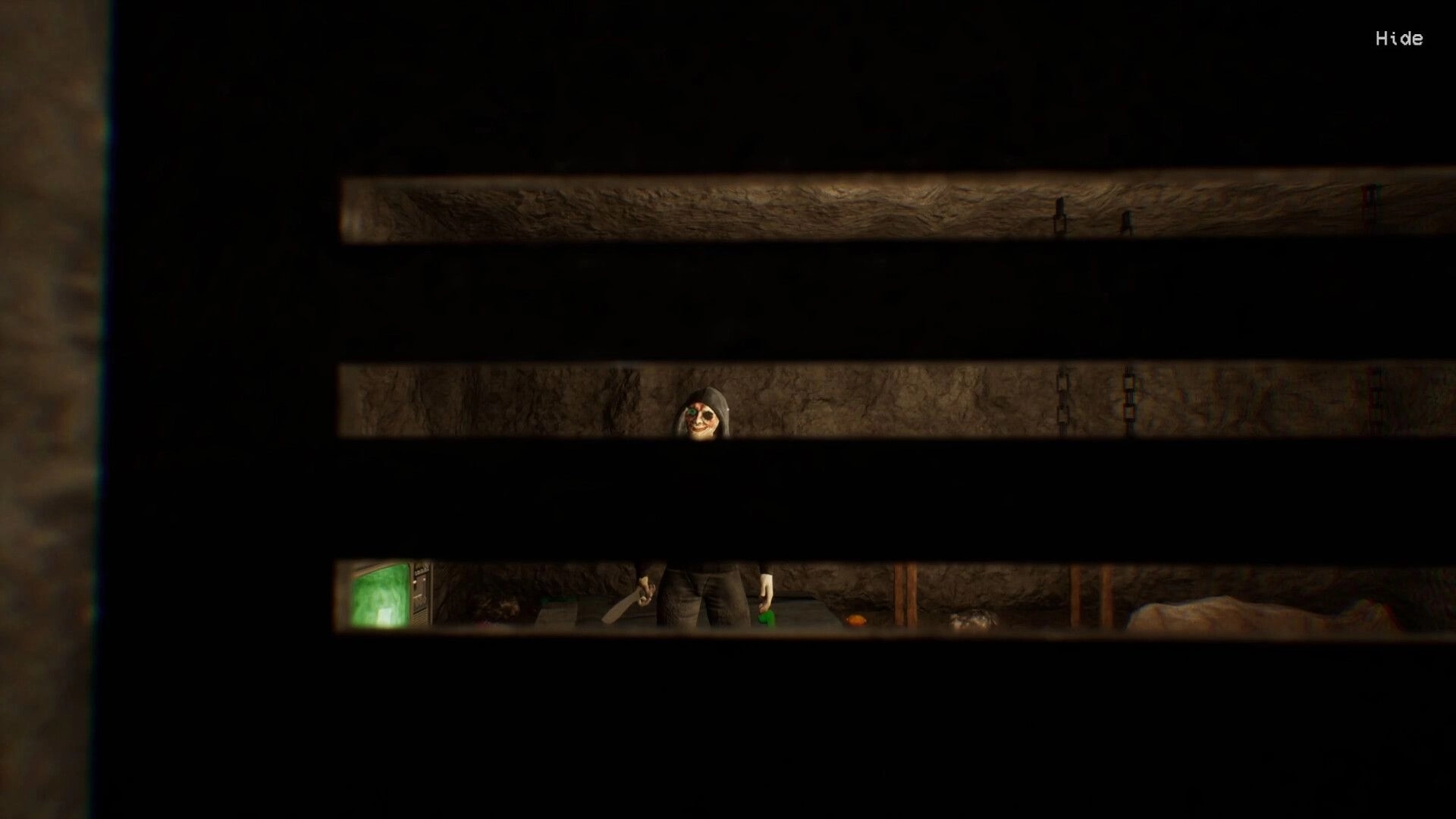 Midnight Crane: Eerie masked figure holding knife in dimly lit room, viewed through wooden slats