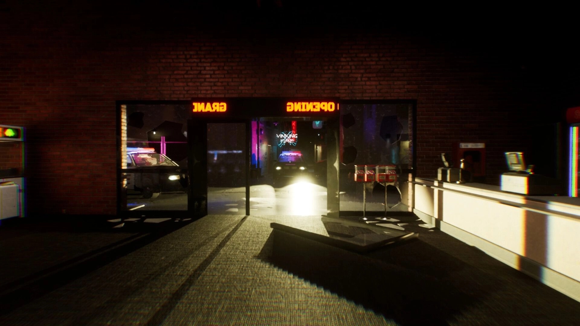 Midnight Crane: Dimly lit arcade lobby with neon lights and a police car visible through glass doors