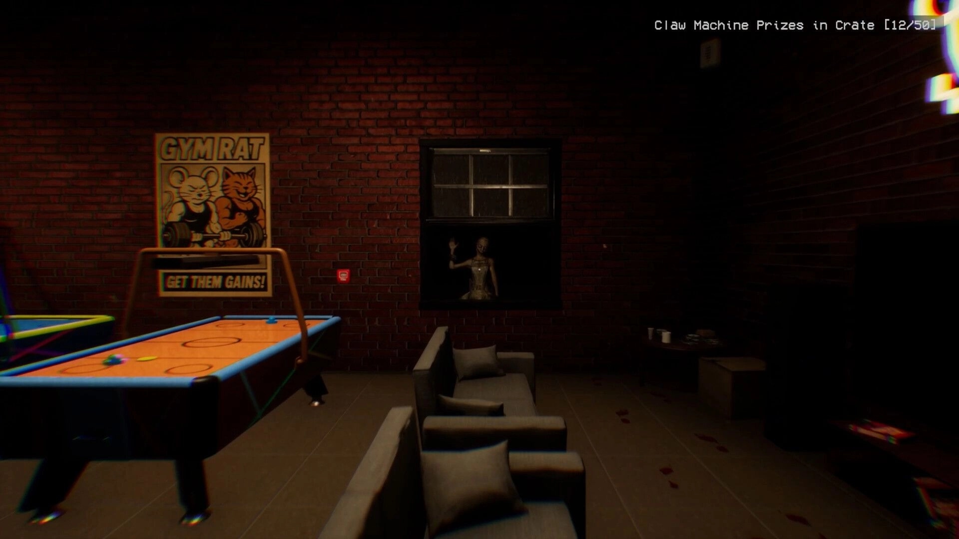 Midnight Crane: Arcade room with air hockey table, creepy figure in window, and prizes counter UI.