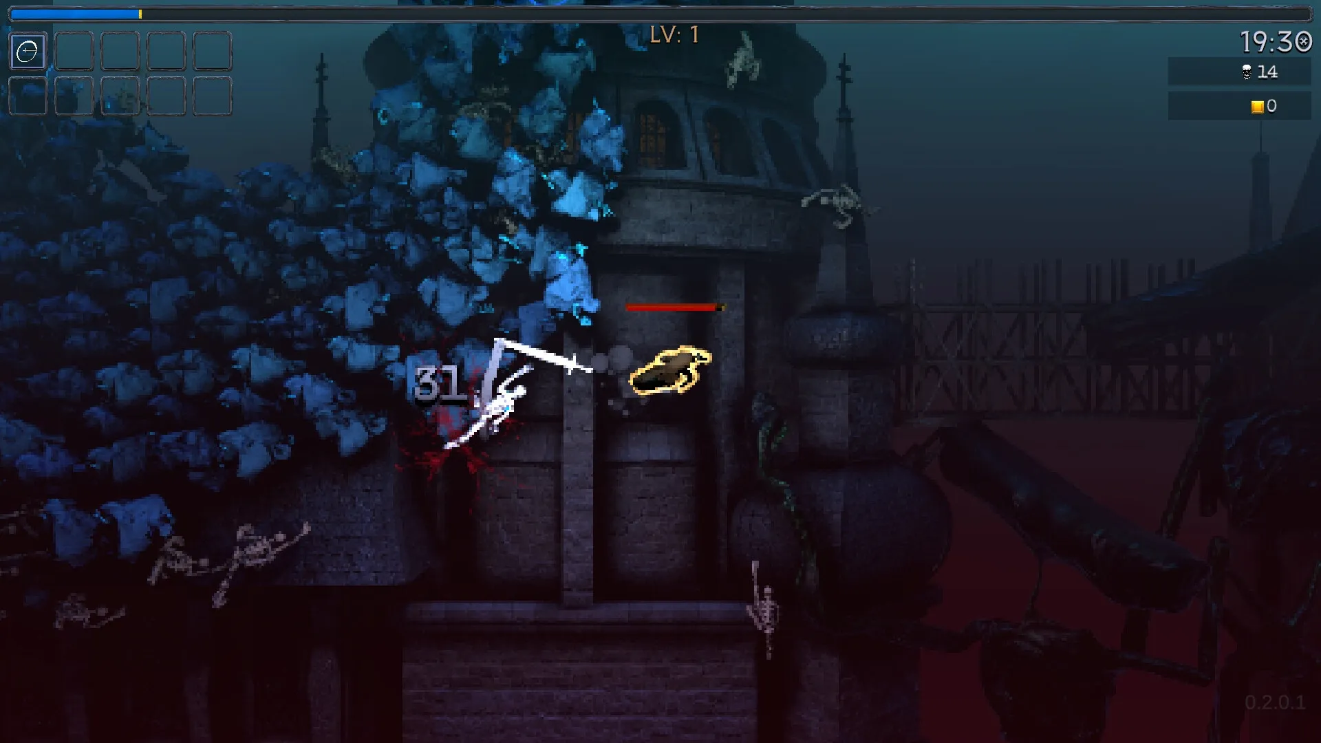 Midnight Horde: Player fights horde of enemies near castle wall; health bar and timer visible.