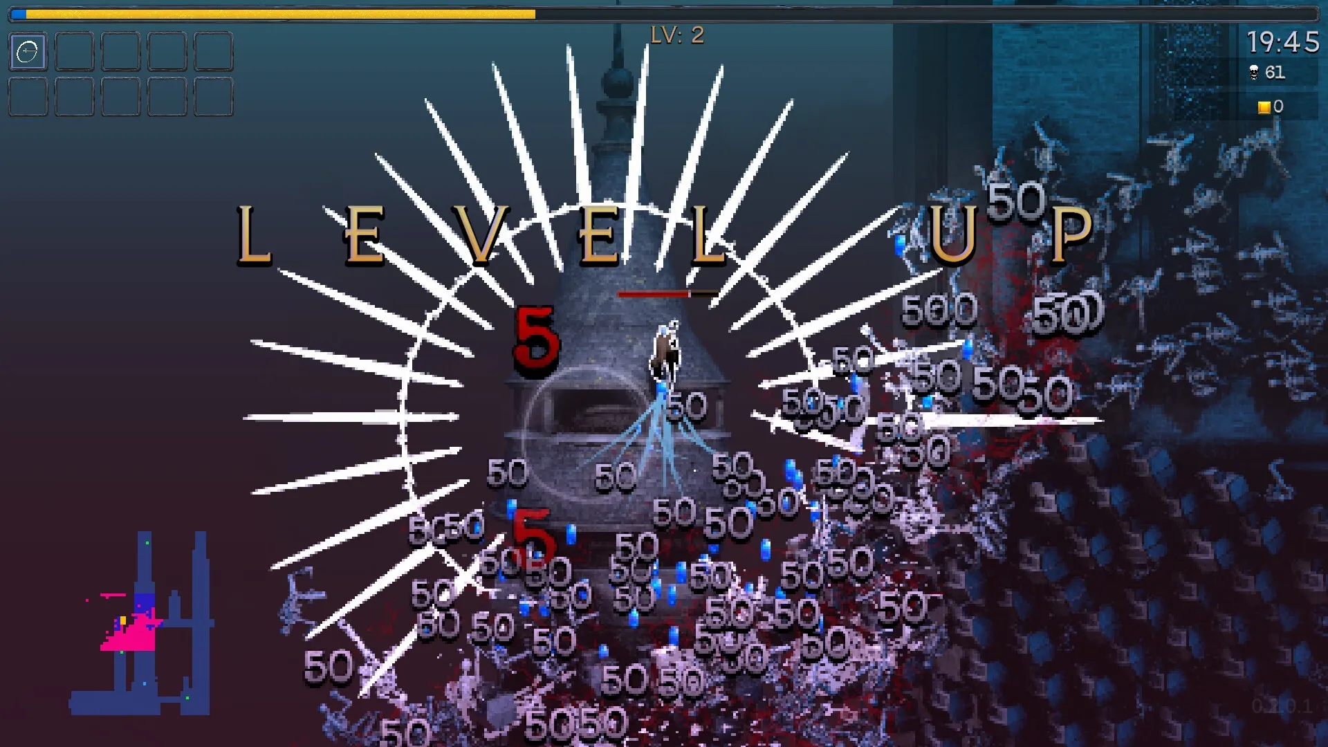 Midnight Horde: Character levels up amid a swarm of enemies, displaying damage numbers in dark castle.
