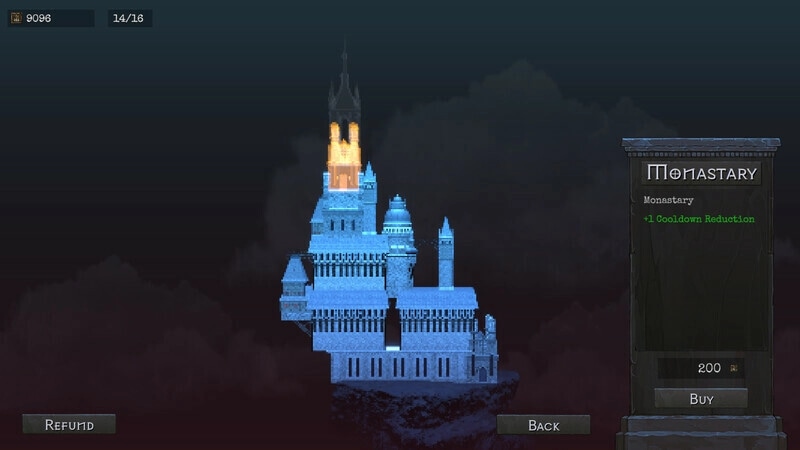 Midnight Horde: Castle upgrade screen with monastery details and resource counters in dark landscape
