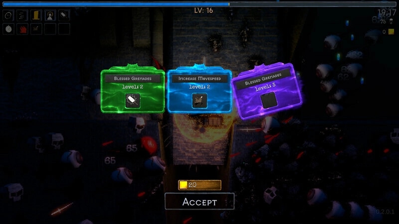Midnight Horde: Upgrade selection screen with three level-up options amid castle defense battle.