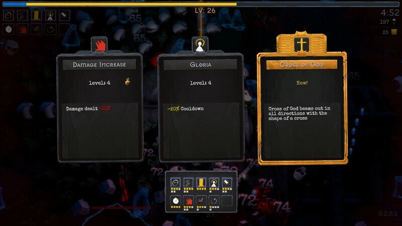 Midnight Horde: Upgrade selection screen showing Damage Increase, Gloria, and Cross of God options.