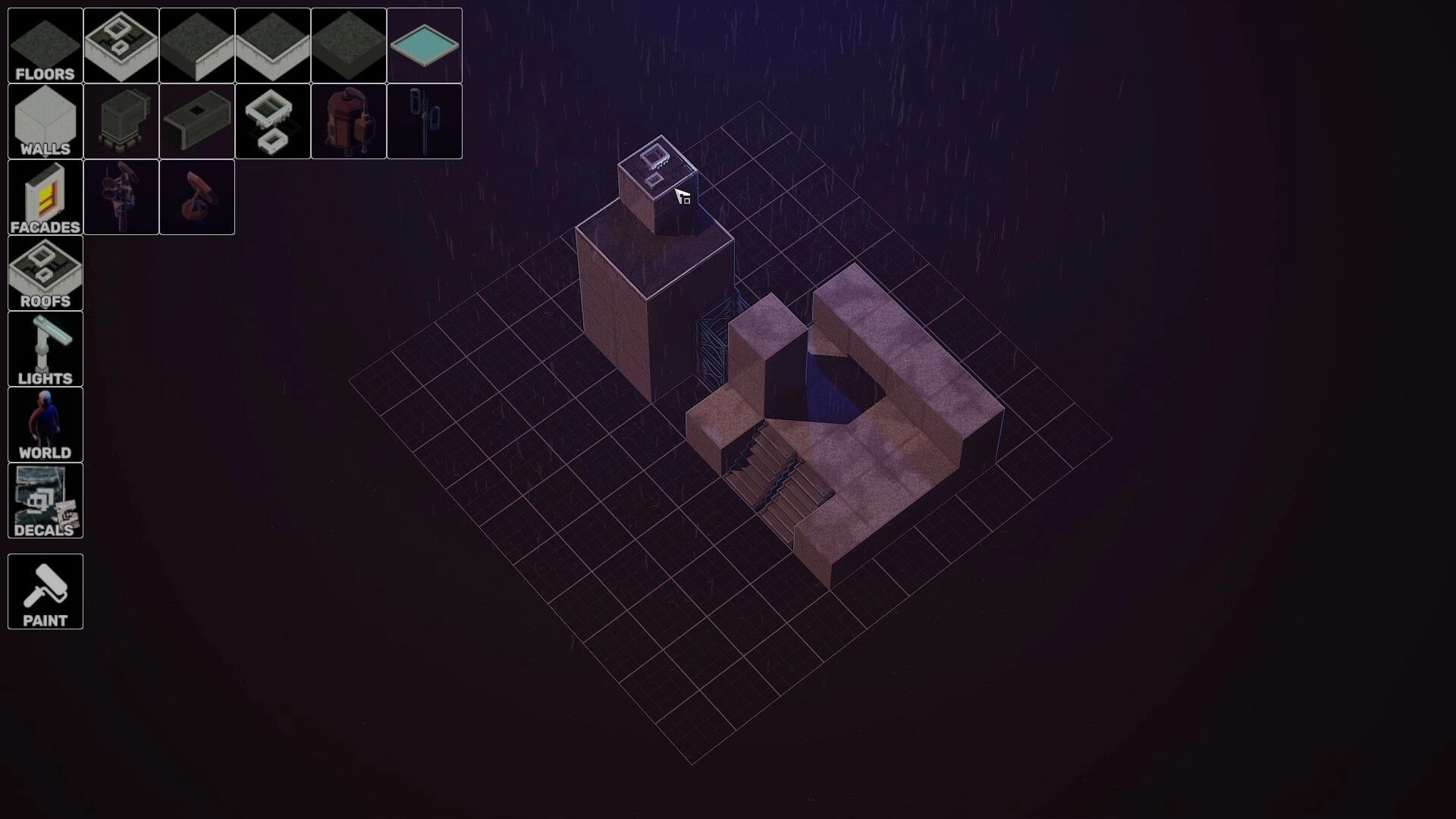 Midnight Moments: Building blocky rooftops on a grid in rain, with floors and walls palette open.