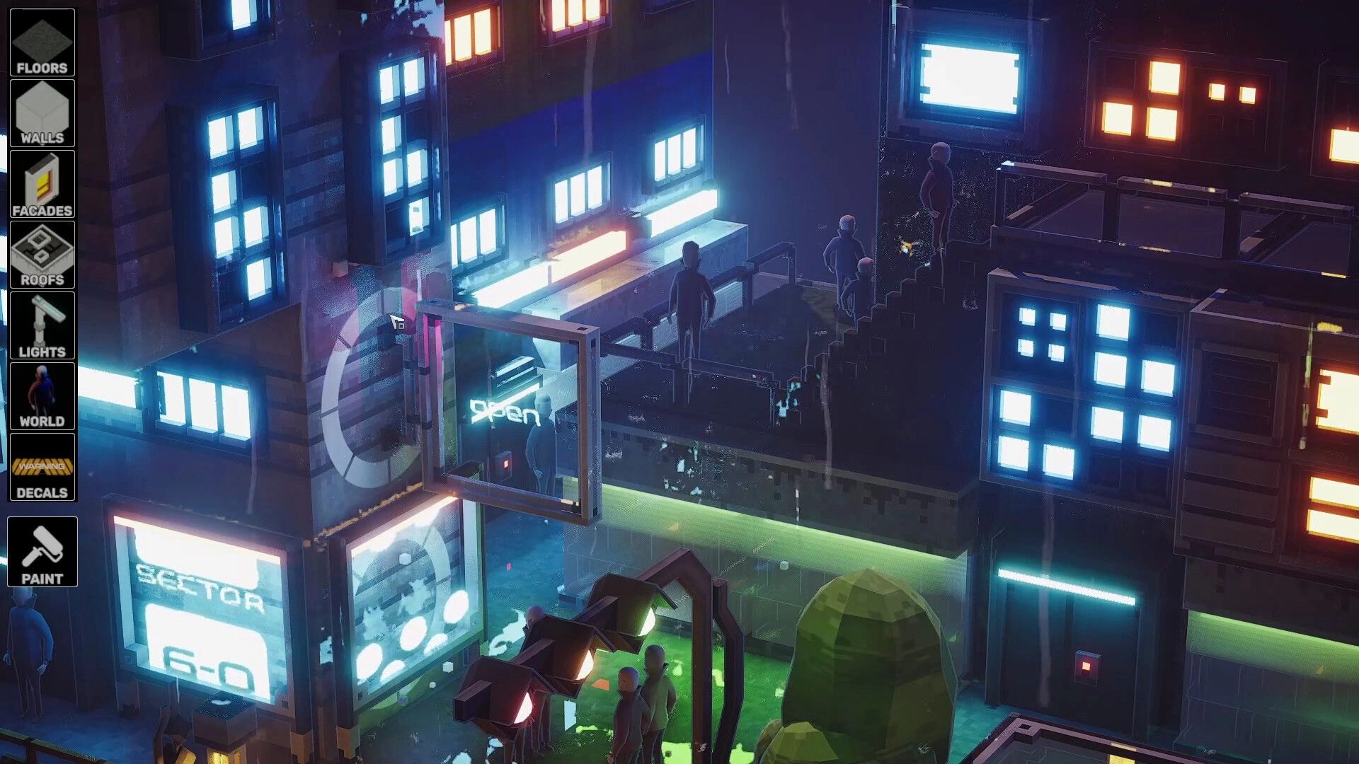 Midnight Moments: Build menu open beside neon-lit rainy alley diorama with tiny citizens and signs.