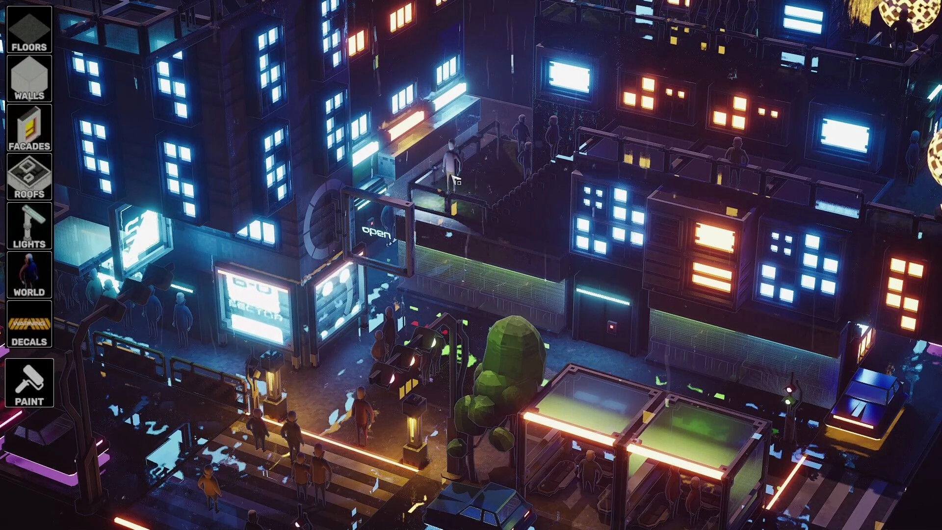 Midnight Moments: Build menu open beside neon apartments and rainy street with tiny citizens milling around.