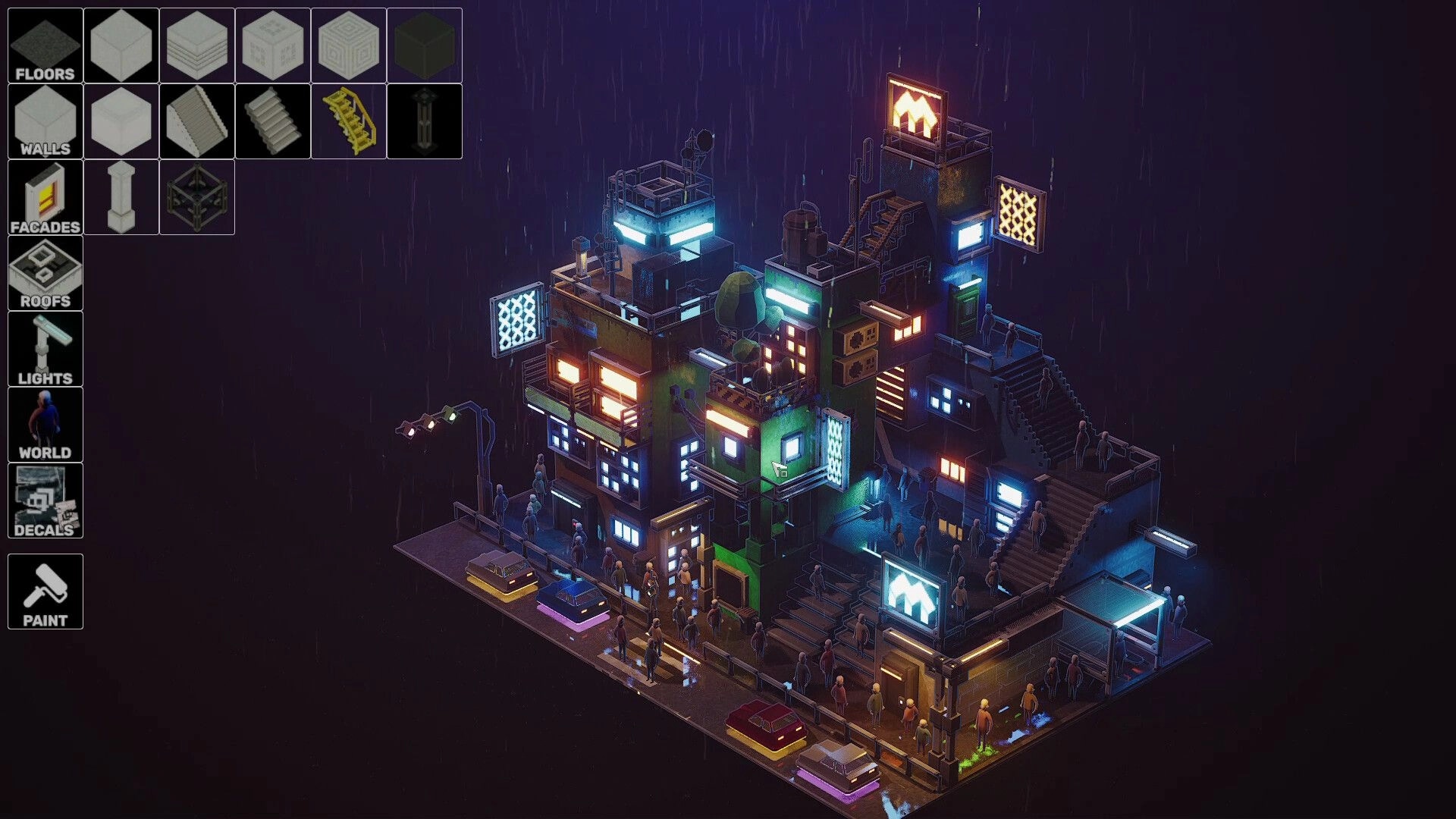 Midnight Moments: Build menu open beside neon apartment diorama with rainy streets and crowds at night.