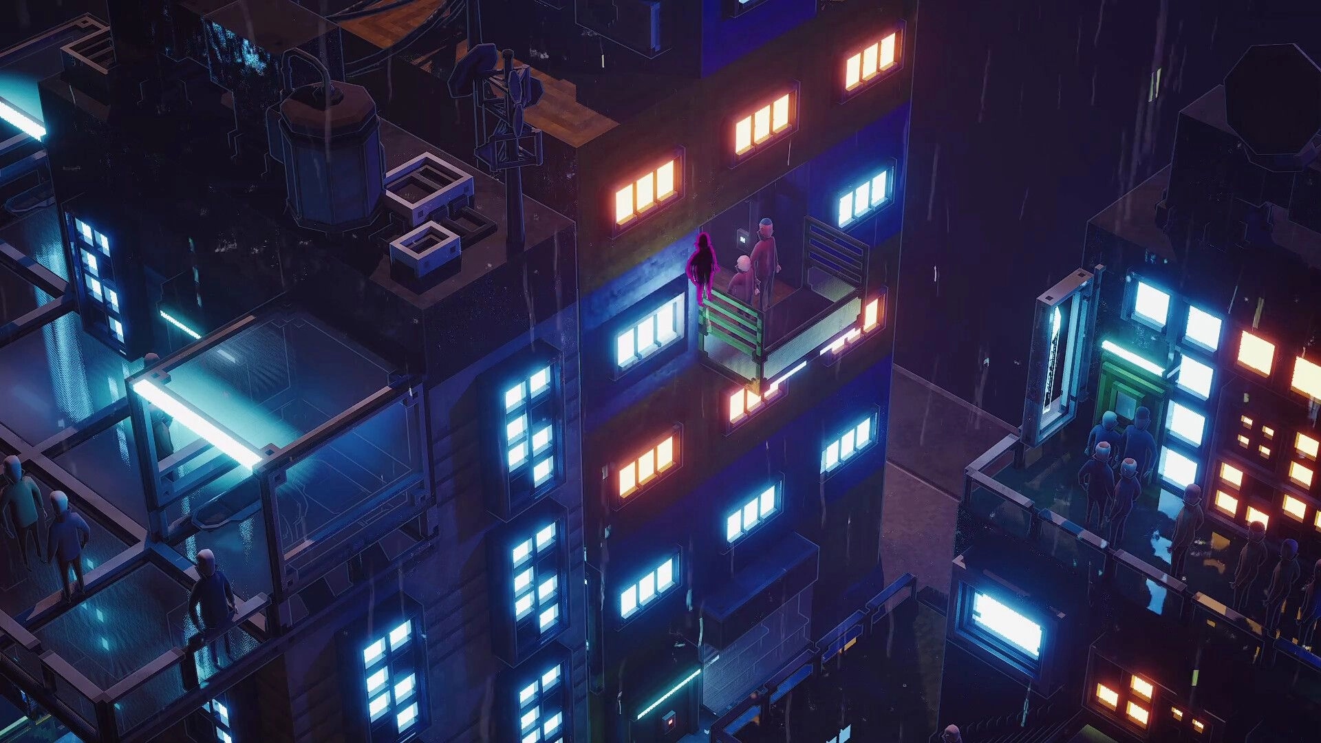 Midnight Moments: Citizens on neon-lit balconies and walkways between rainy apartment blocks at night.