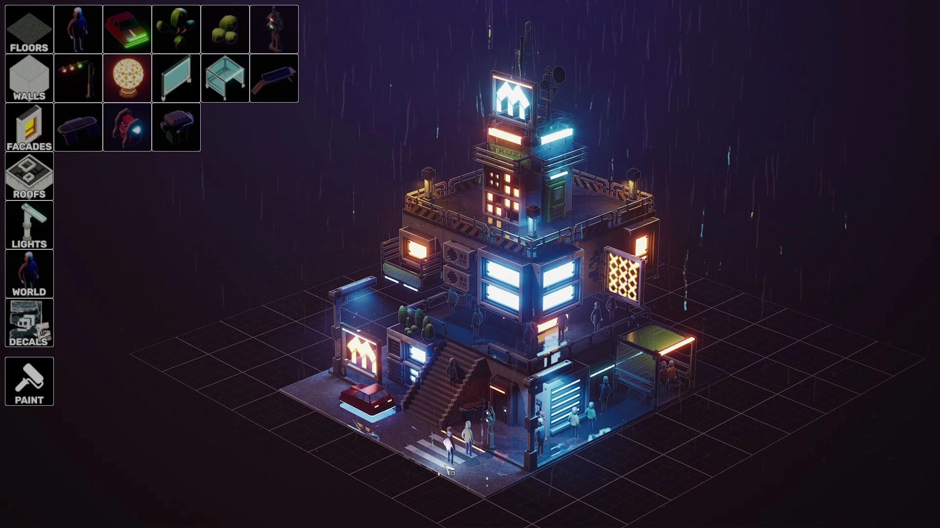 Midnight Moments: Build menu open beside neon apartment diorama with citizens in rainy night grid scene.