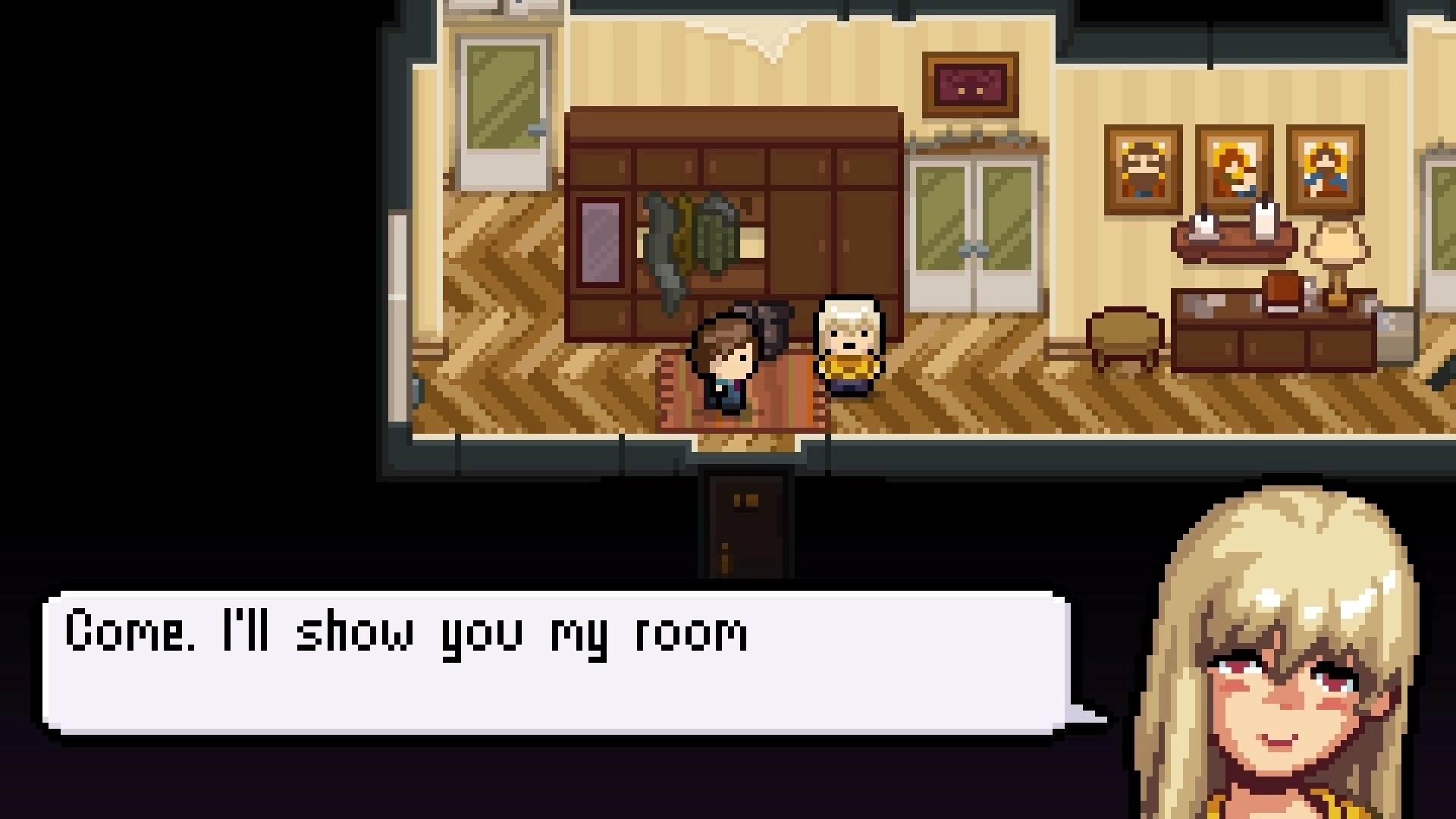 Midnight Souls: Two pixel characters in a bedroom as dialogue box says, "Come, I'll show you my room".