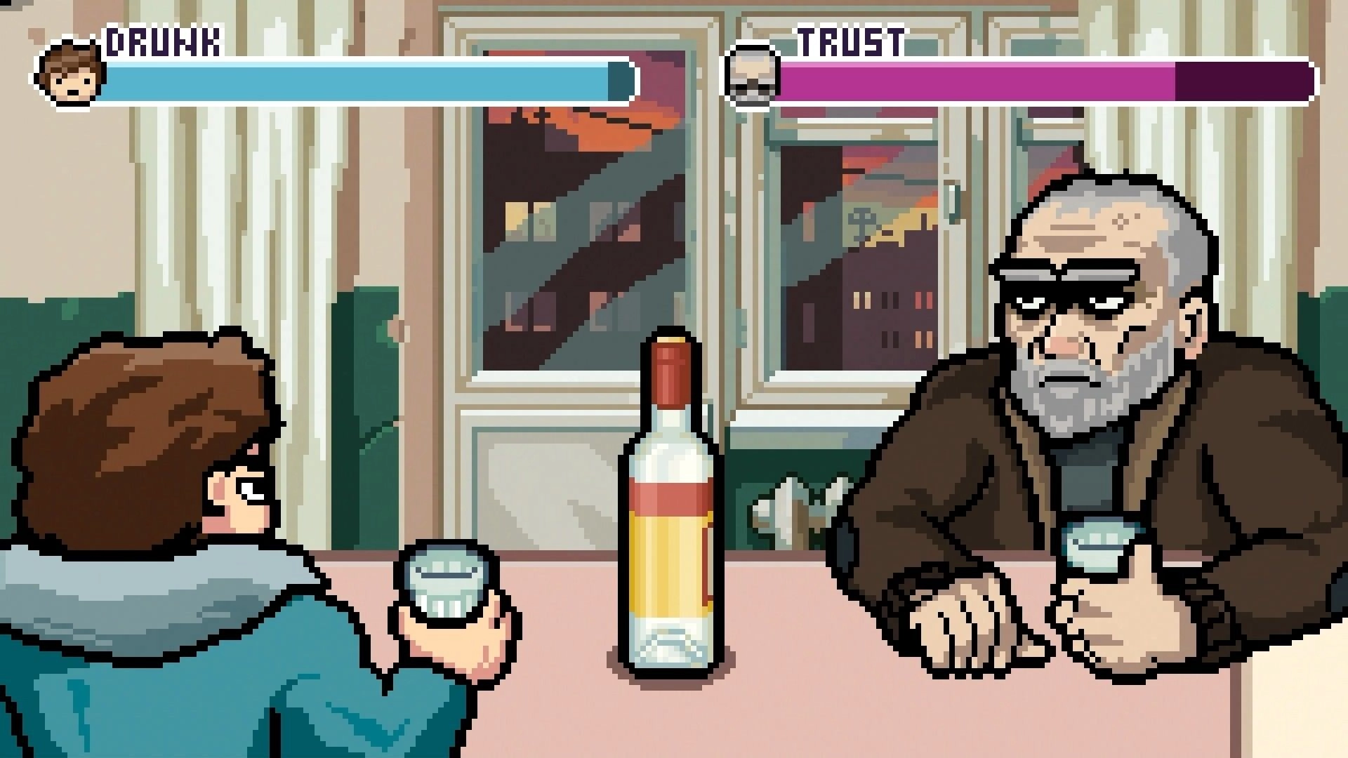 Midnight Souls: Dialogue scene with two men drinking at a table, DRUNK and TRUST bars above in a bar room.