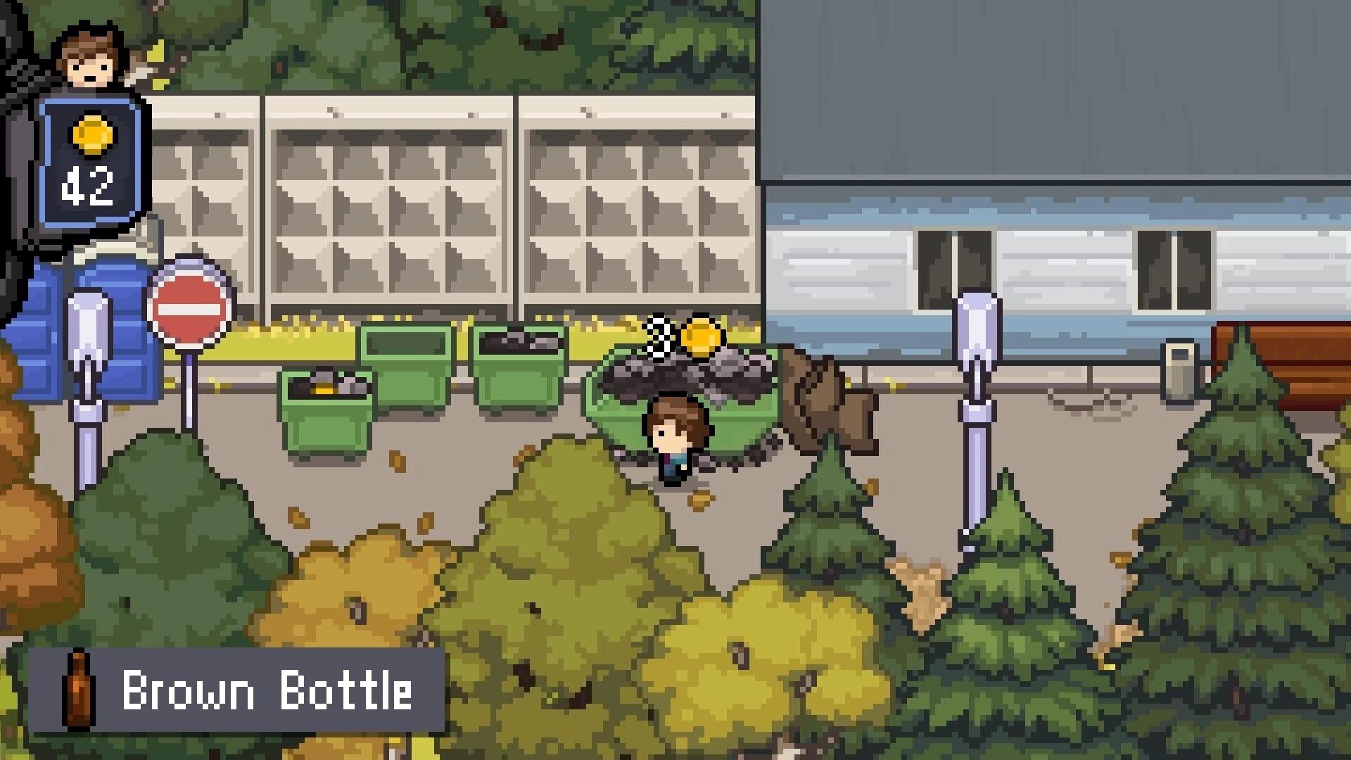 Midnight Souls: Player sprite by a trash pile with coin popup, suburban street with trees and bins.