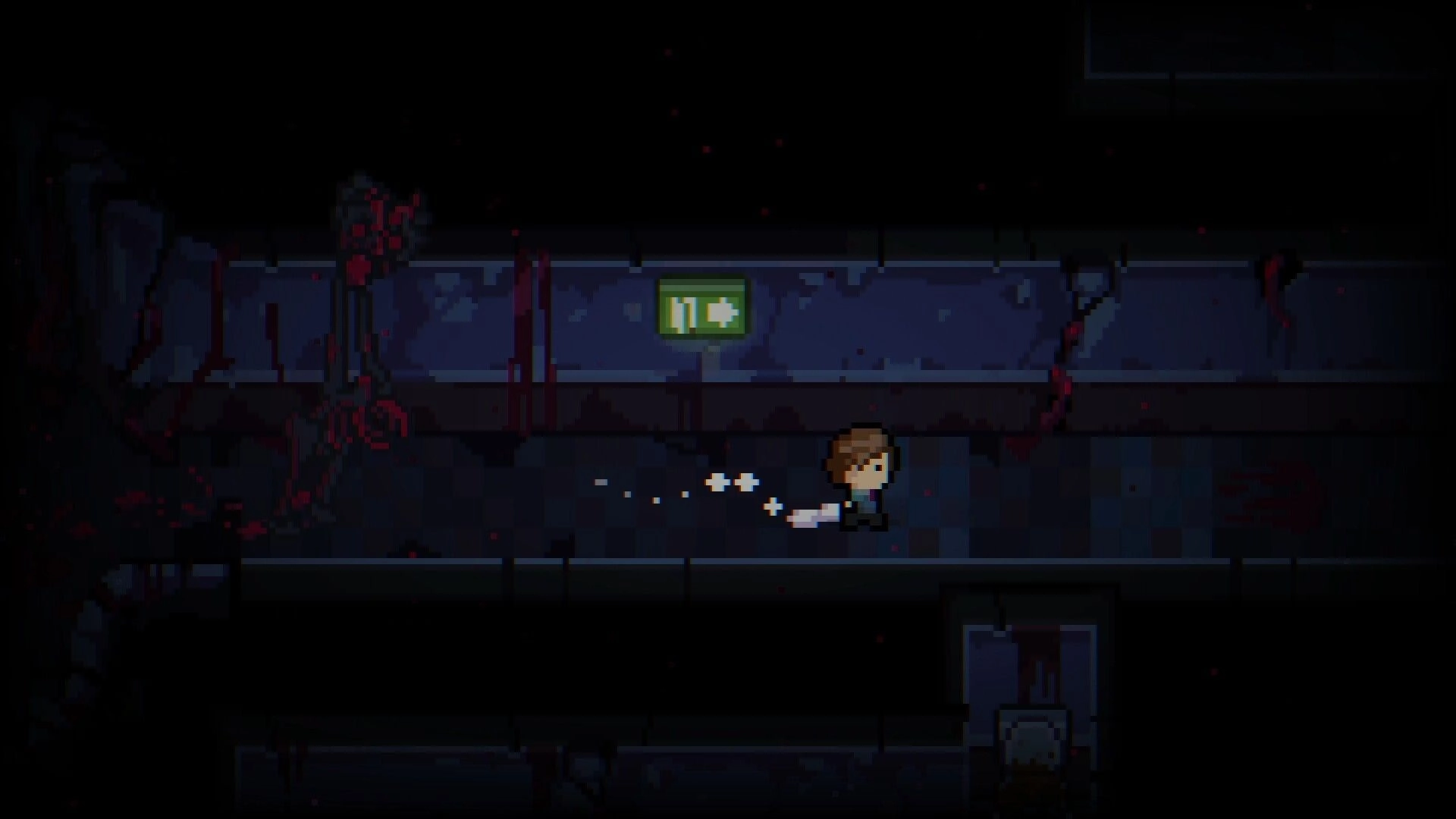 Midnight Souls: Pixel hero walks a blood-smeared corridor toward a glowing exit sign in darkness.
