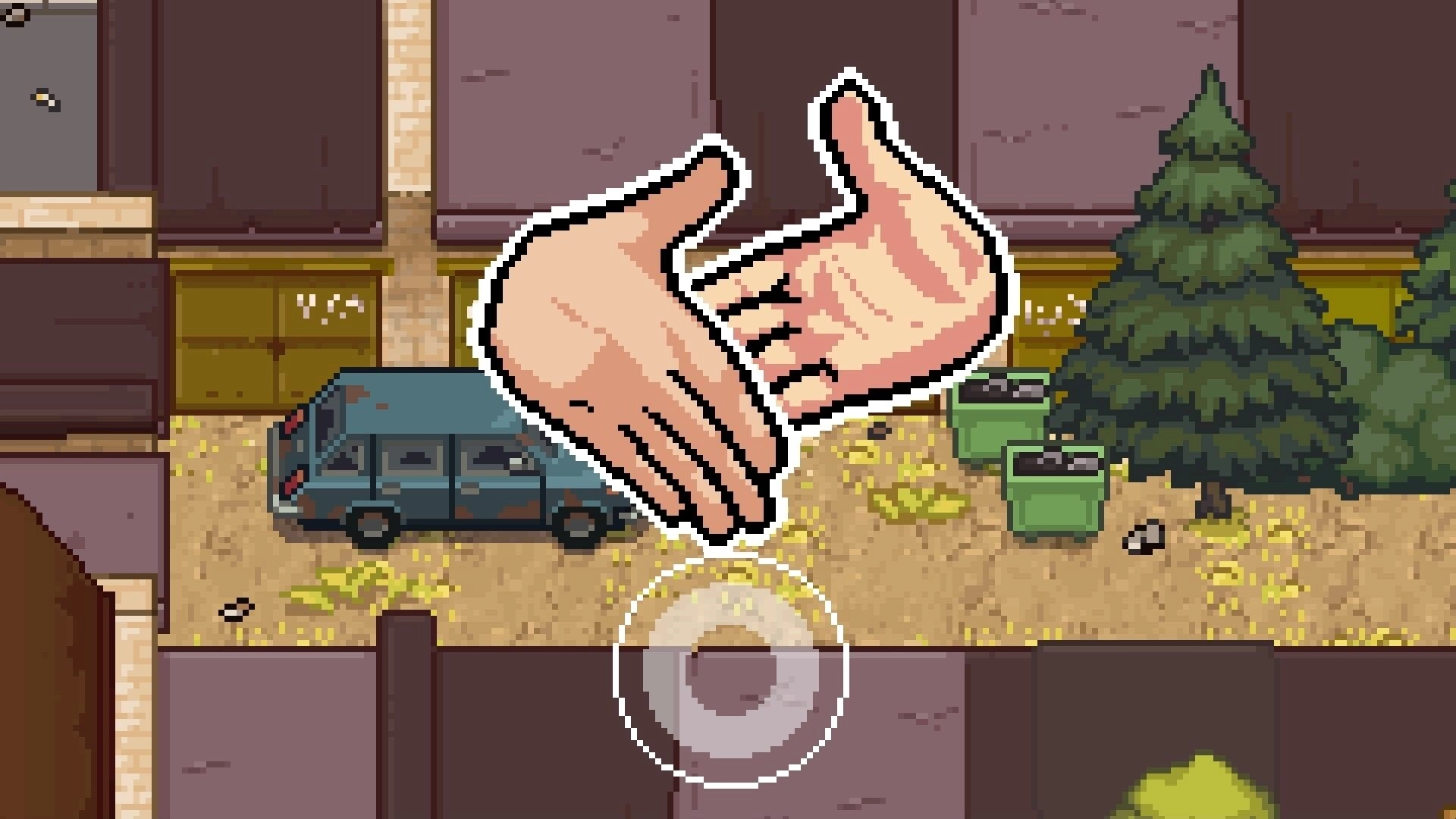 Midnight Souls: Large handshake icon prompt over alley with parked car, dumpsters, and pine tree.