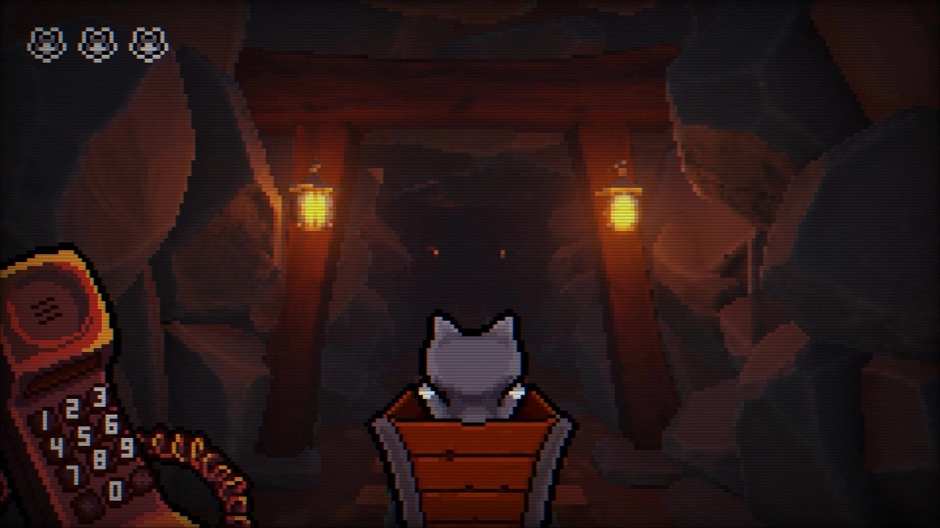 Midnight Souls: Cat rides a mine cart into a lantern-lit cave tunnel with hearts HUD and phone UI.
