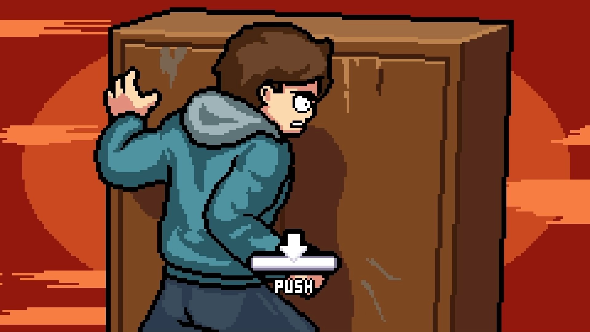 Midnight Souls: Pixel hero pushes a large crate with a PUSH prompt in a red-orange room.