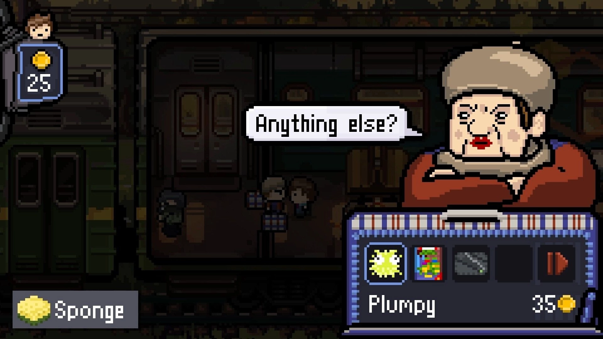 Midnight Souls: Shop dialogue with stern vendor saying "Anything else?" over inventory menu in room.