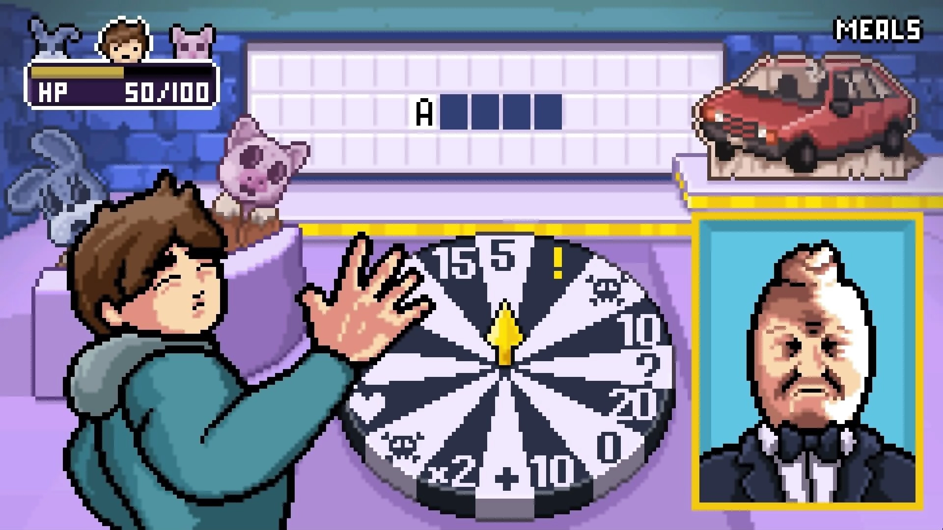 Midnight Souls: Player aims at a spinning dartboard in a mini-game, HP bar and NPC portrait UI up.