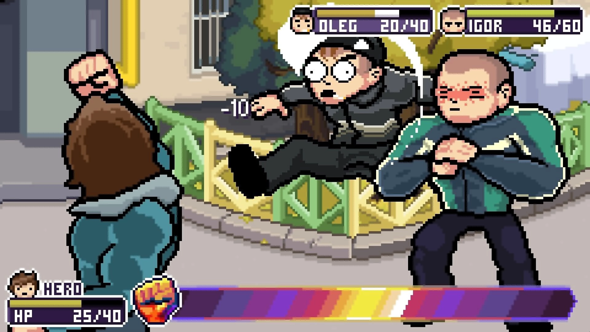 Midnight Souls: Turn-based brawl with HP bars as two punks fight a hooded enemy outside a house.
