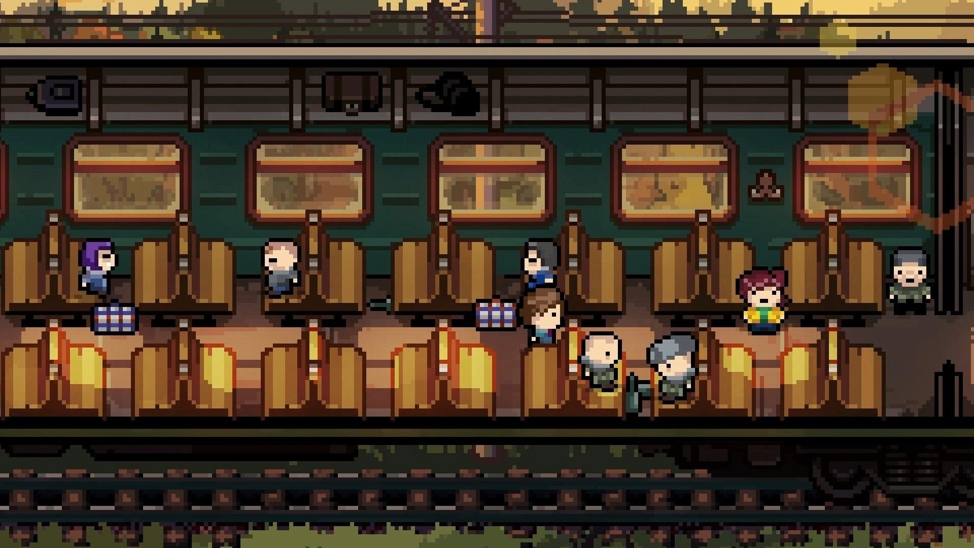 Midnight Souls: Pixel passengers ride a train car with seats and windows, viewed from the side.