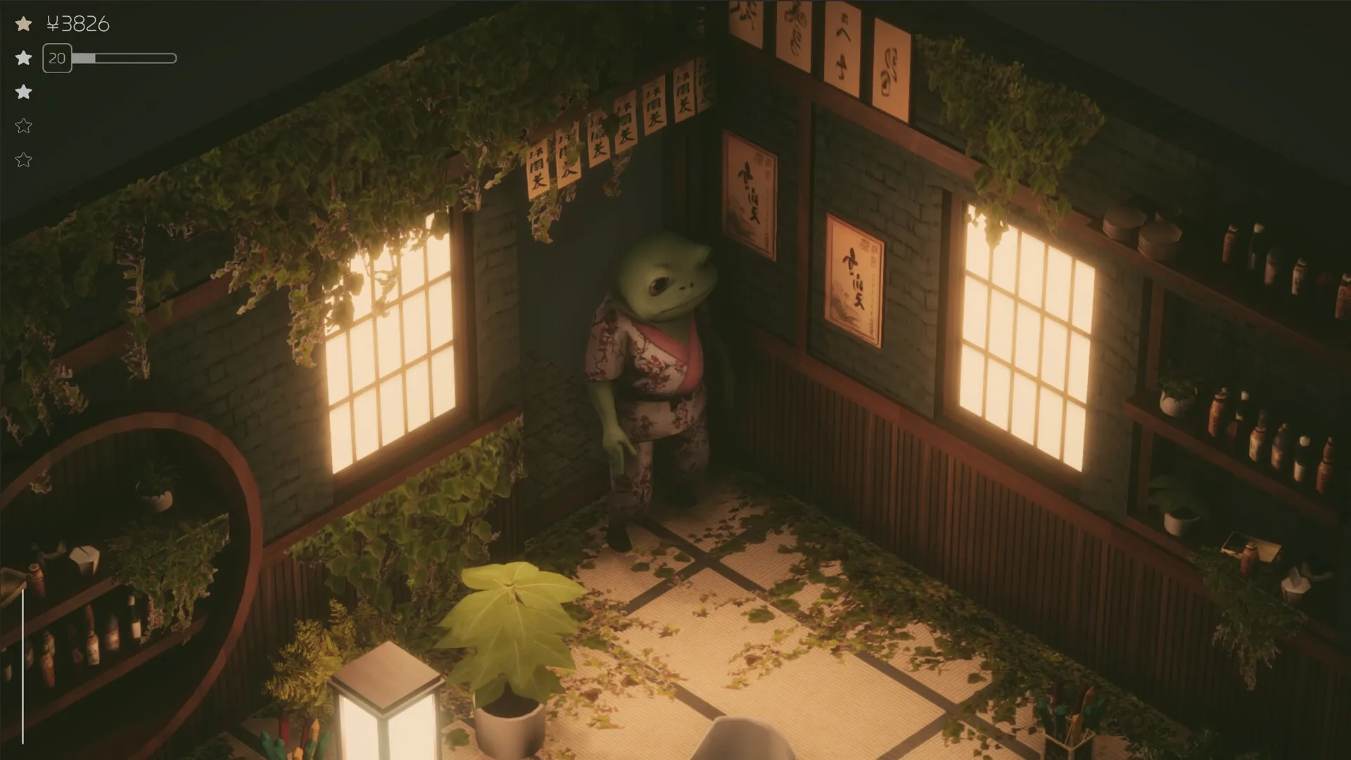 Midori no Kaori: Frog character in kimono stands in cozy Japanese shop with tatami and hanging foliage