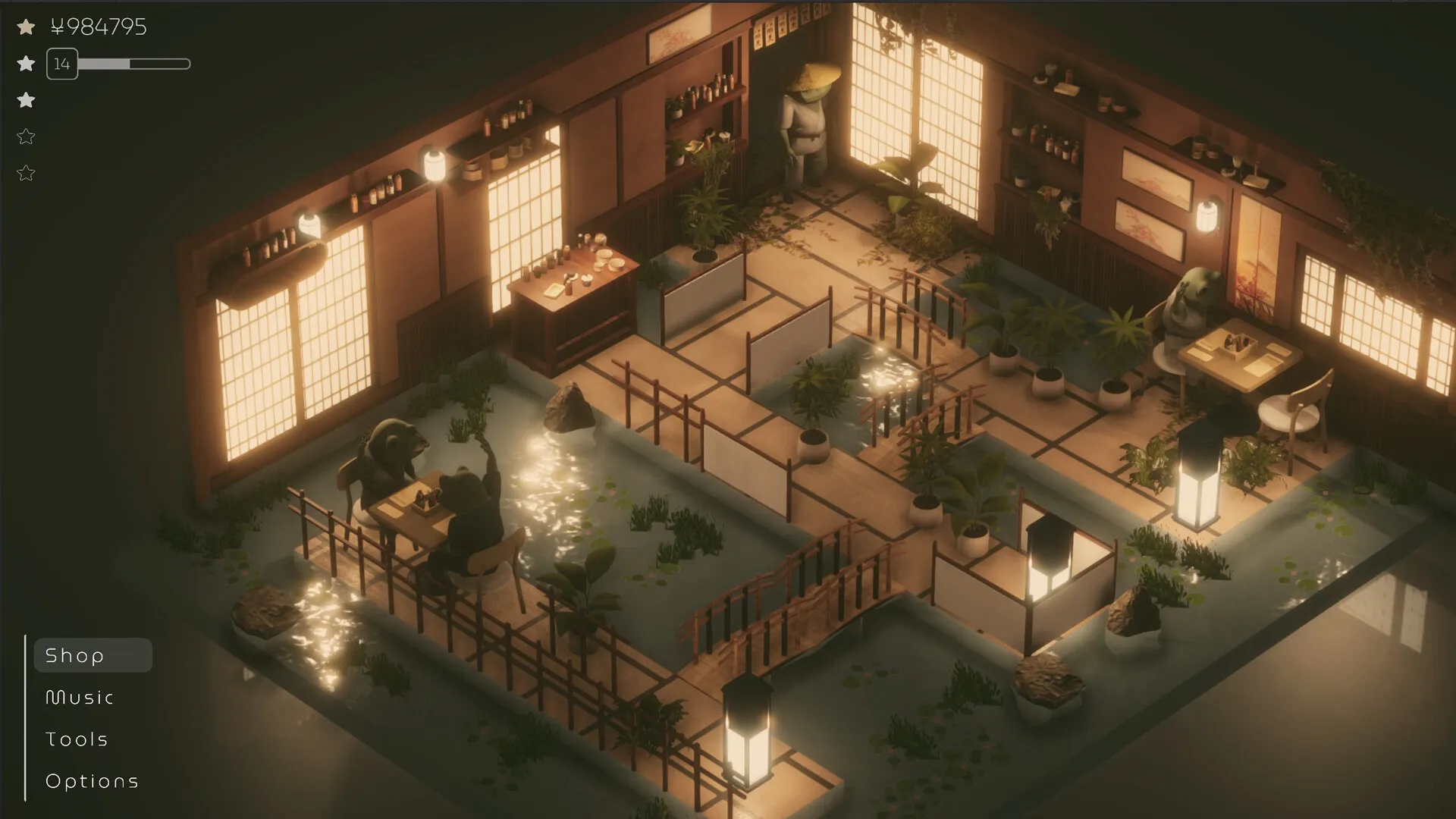 Midori no Kaori: Cozy Japanese shop interior with customers, plants, and illuminated paper lanterns
