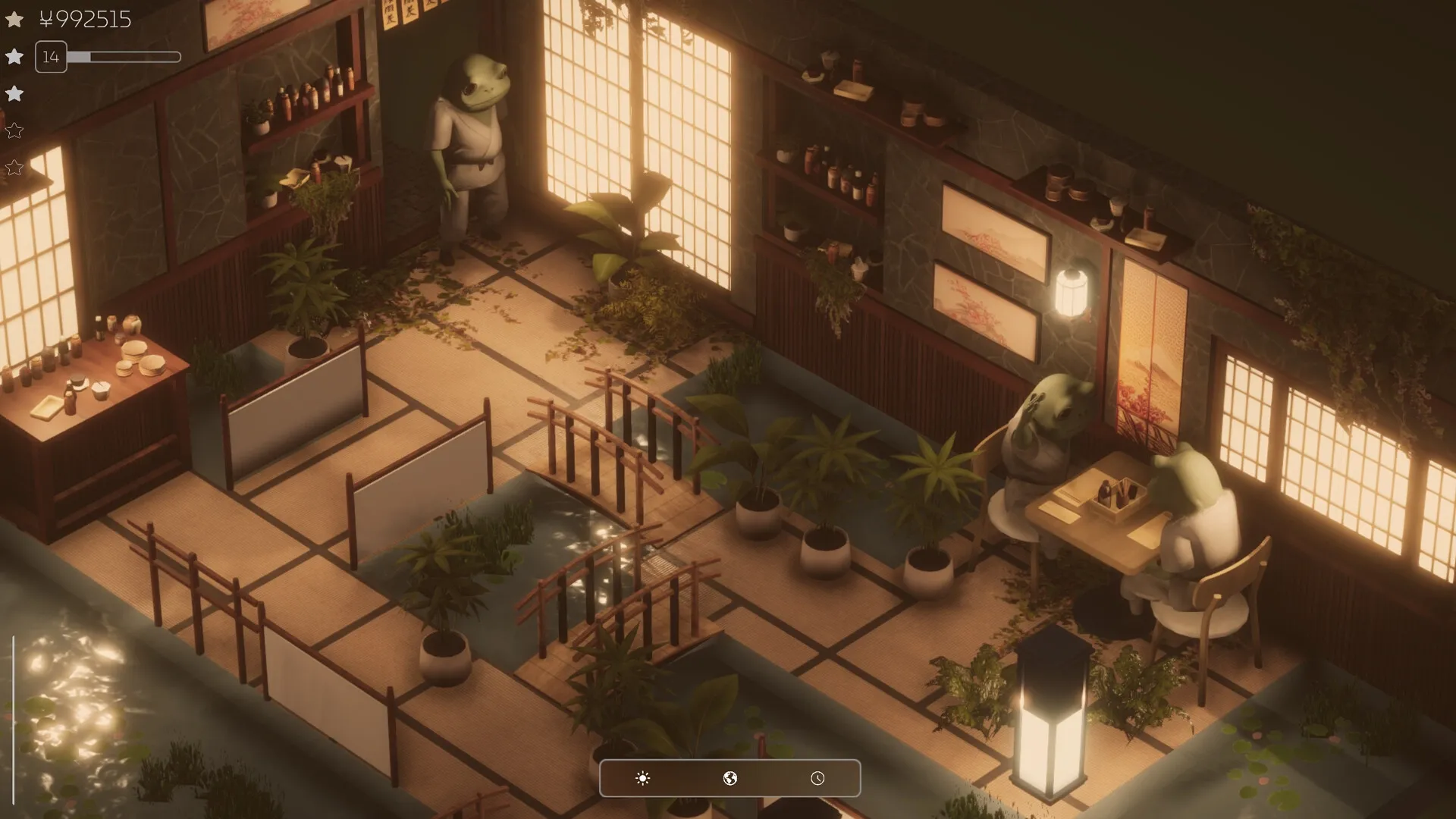 Midori no Kaori: Frog characters dining in a serene Japanese shop with plants and traditional decor