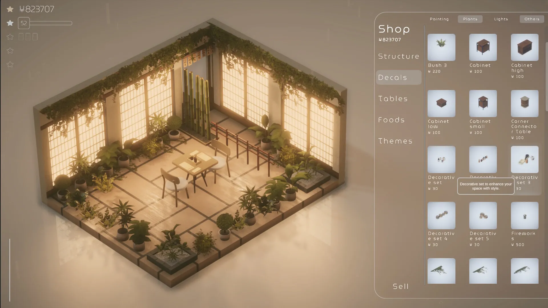 Midori no Kaori: Cozy shop interior with plants and bamboo, item menu displayed on the right side.