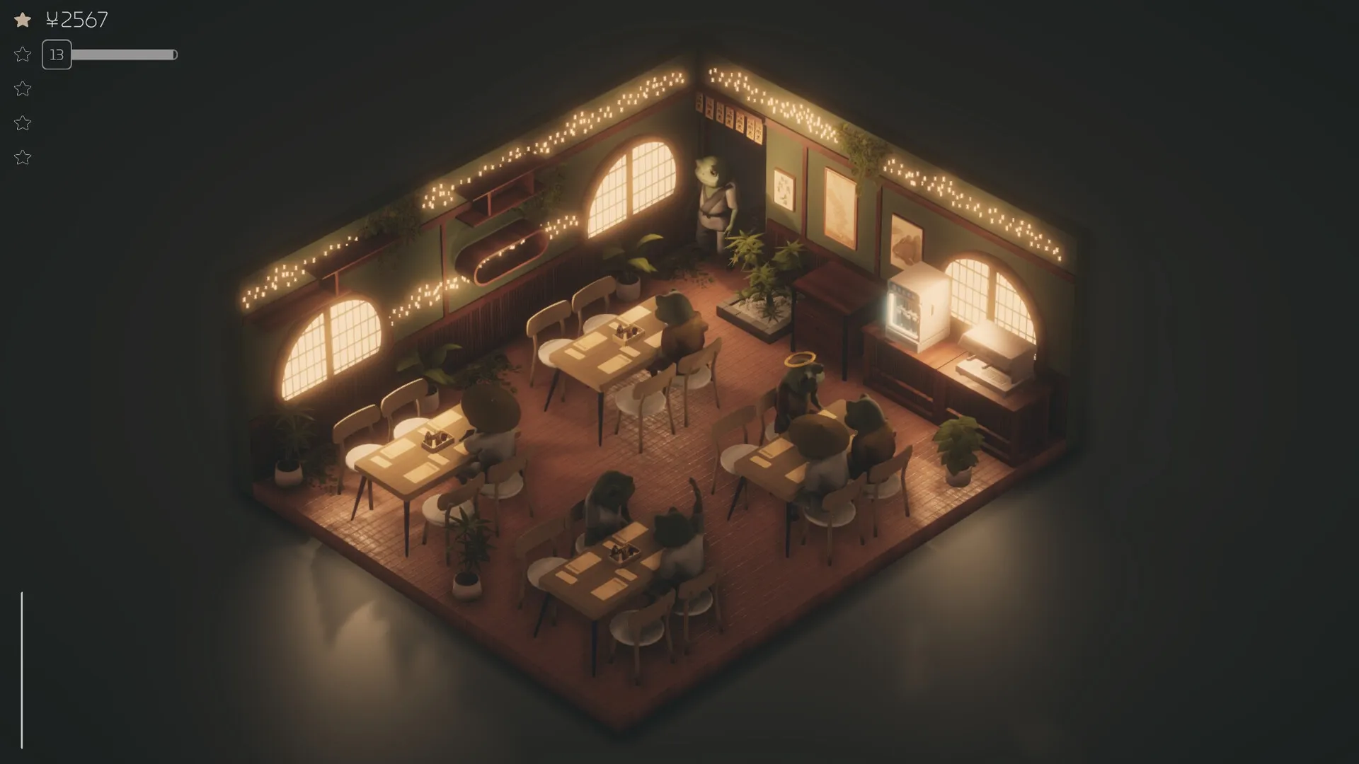 Midori no Kaori: Cozy shop interior with animal customers at tables, illuminated by warm overhead lights