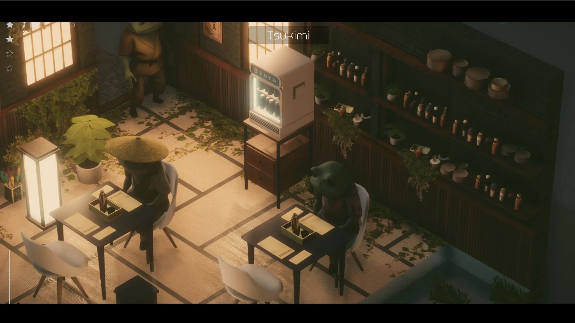 Midori no Kaori: Tsukimi dining scene with frog customers in a cozy tatami room with shelves and plants