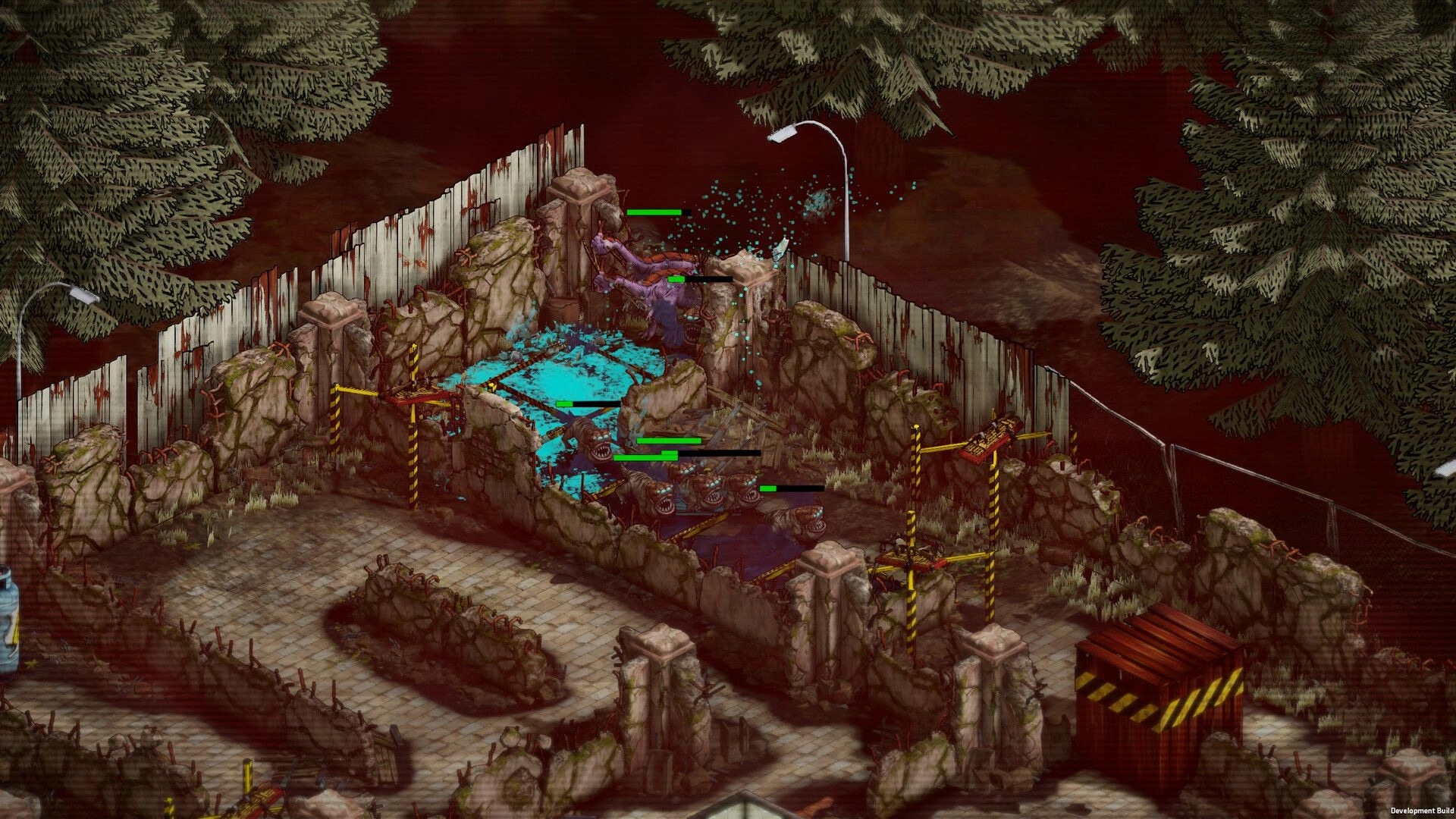 Midwest 90: Monsters swarm a fenced yard with blue sludge pools and green health bars in ruins.