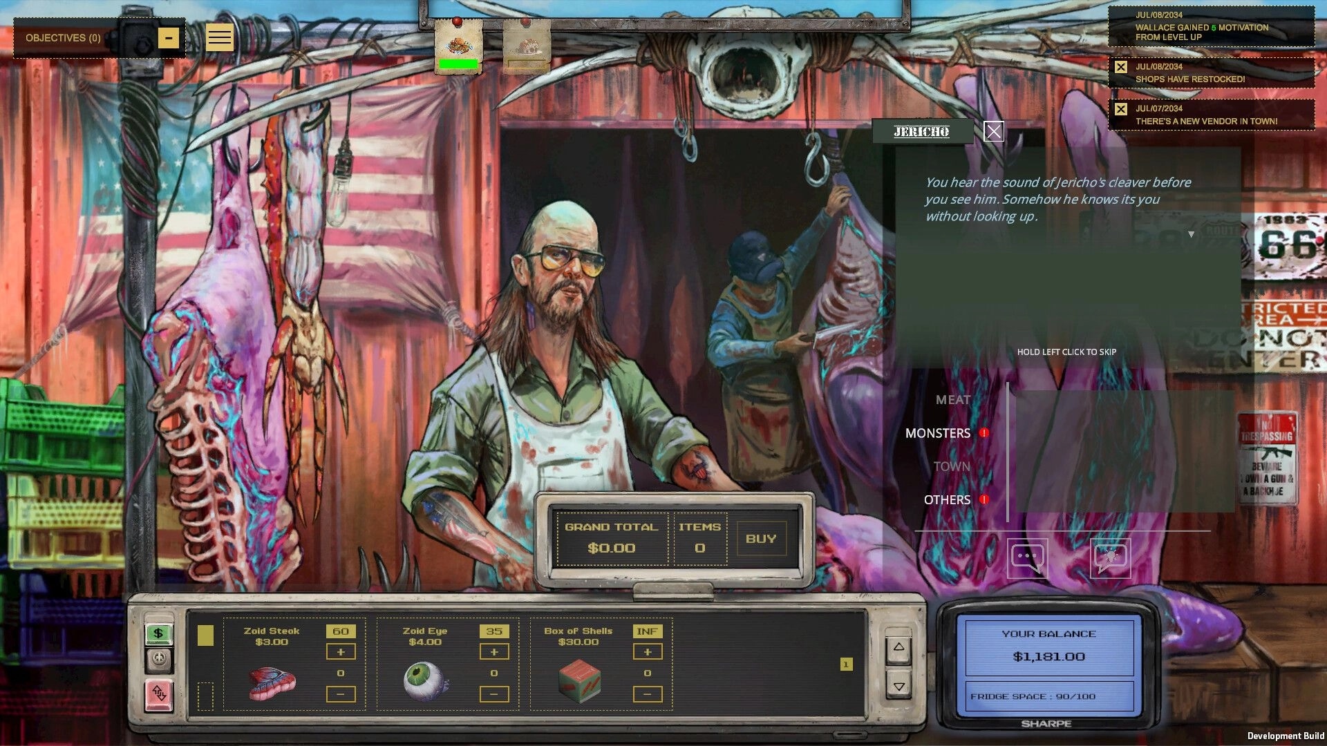 Midwest 90: Vendor dialogue with Jericho at monster butcher stall, buy menu and balance UI visible.