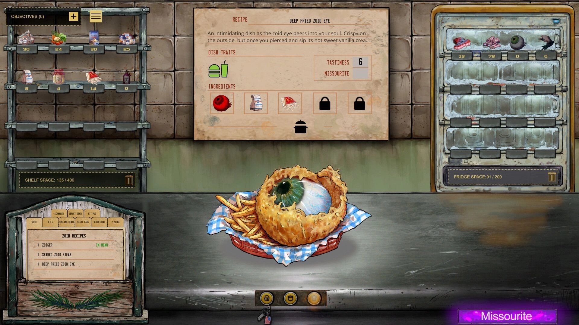 Midwest 90: Deep fried zoid eye recipe screen with shelves, fridge inventory, and plated eyeball meal.