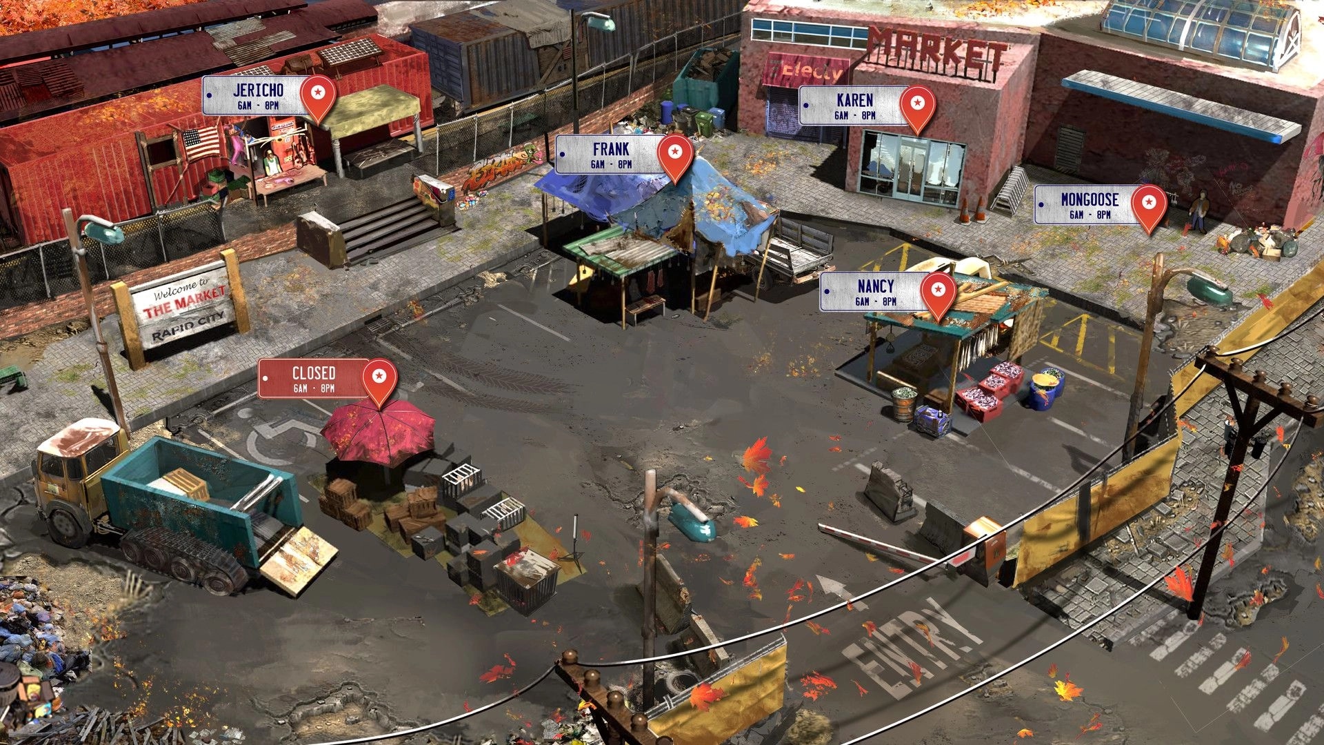 Midwest 90: Market yard overview with vendor pins for Jericho, Frank, Karen, Nancy, Mongoose, Closed.