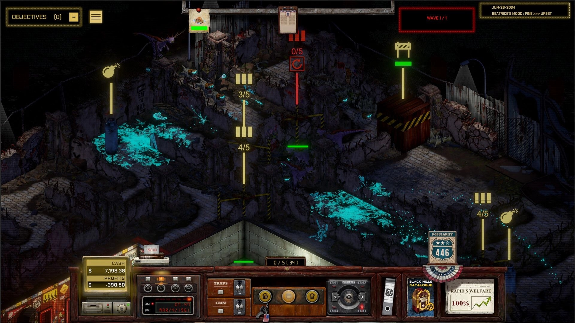 Midwest 90: Defense map with traps and wave UI in rocky canyon paths with glowing blue pools.