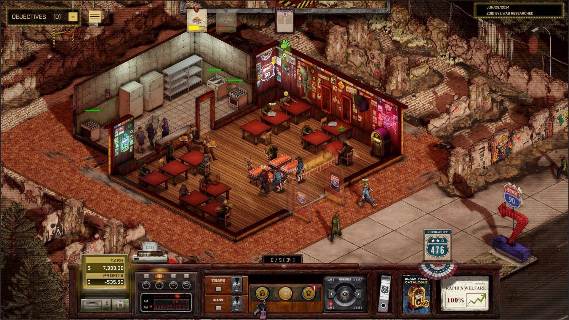Midwest 90: Roadhouse dining room management view with patrons, tables, kitchen, cash and profit HUD.