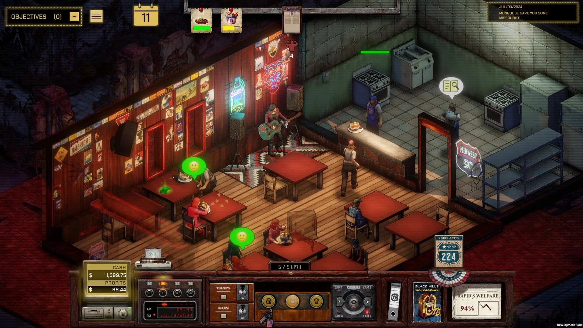 Midwest 90: Roadhouse management view with diners, cook, and guitarist beside neon-lit bar and kitchen UI.