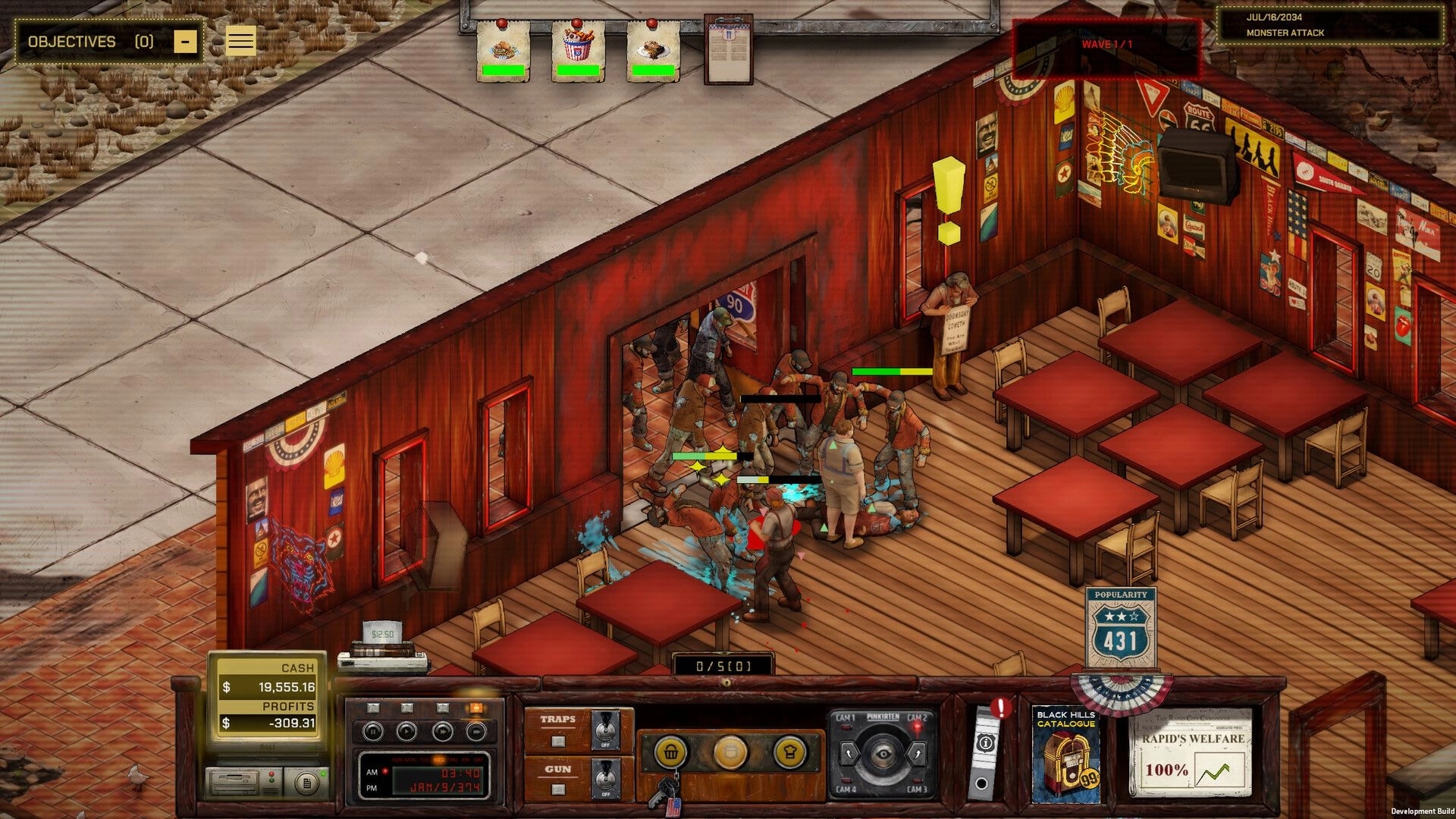 Midwest 90: Monster attack wave as diners brawl near doorway inside roadhouse, cash and trap UI below.
