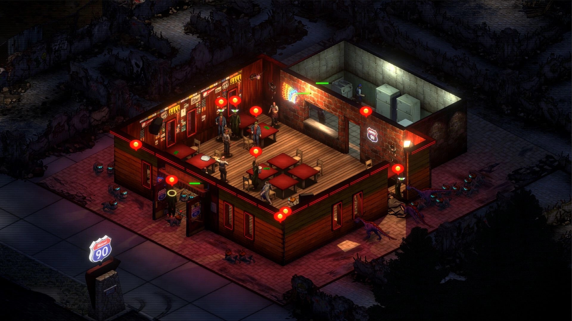 Midwest 90: Isometric roadhouse interior with diners and alert icons, monsters crowding outside at night.