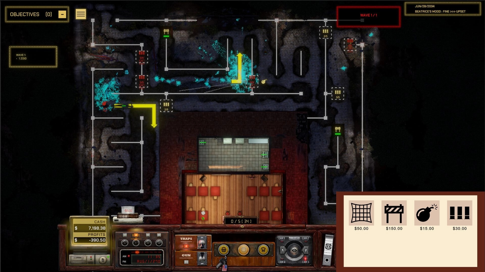 Midwest 90: Top-down base defense map with trap paths and wave UI around a roadhouse interior.