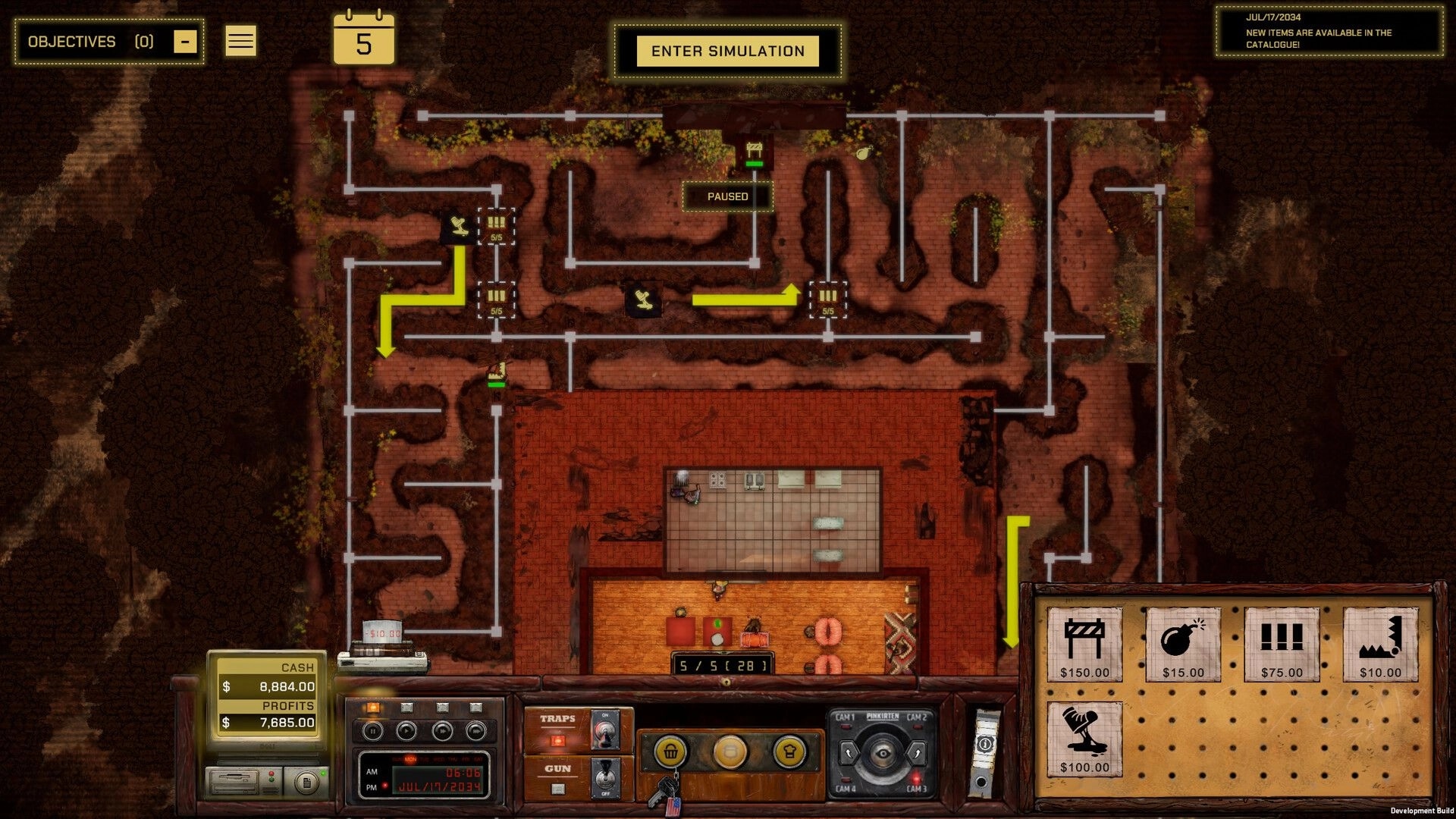Midwest 90: Paused roadhouse floorplan with trap routes, cash/profits panel, and item catalog UI.