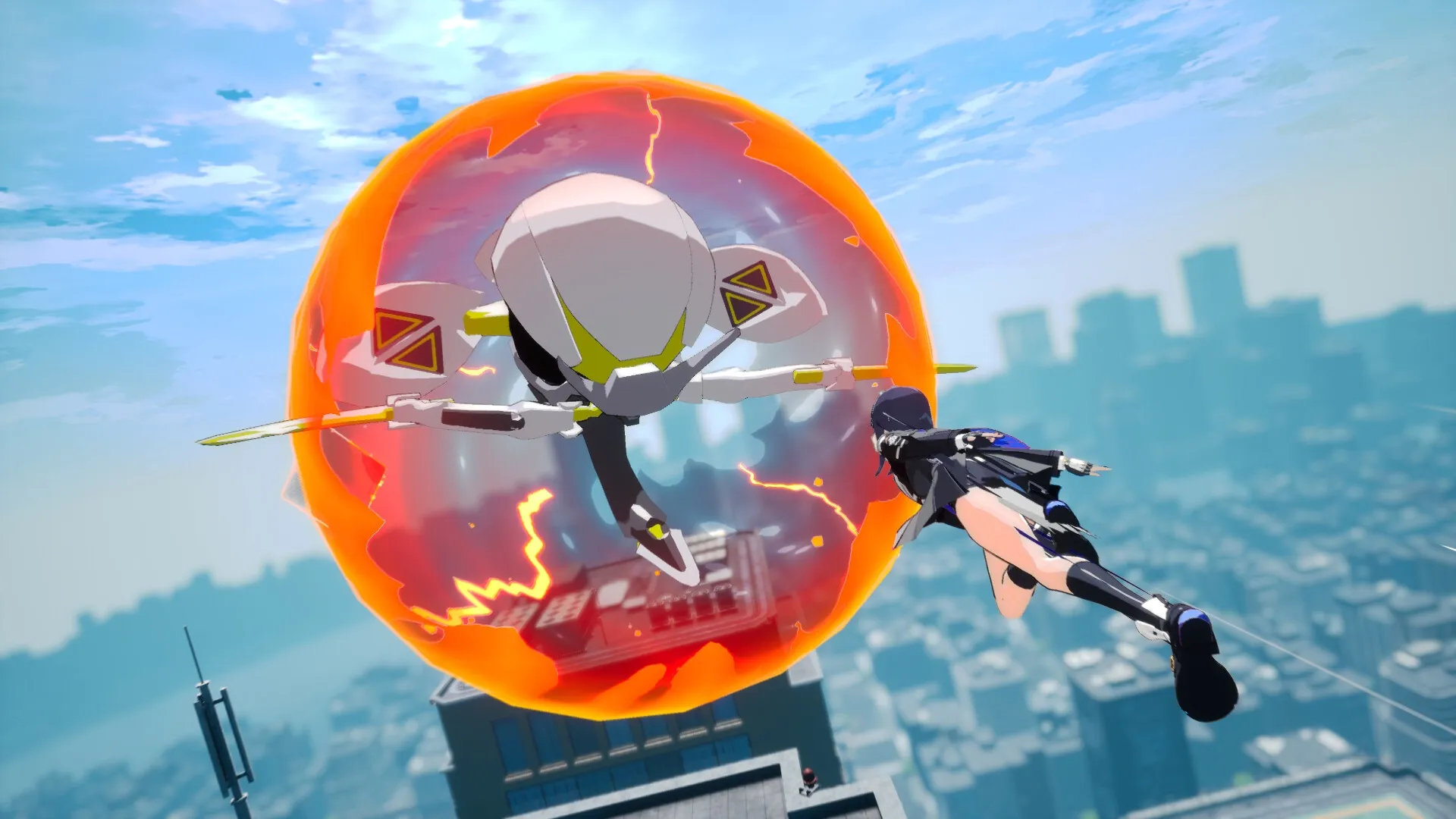 MIGHTREYA: Reya battles a robotic enemy within a fiery energy sphere above a city skyline