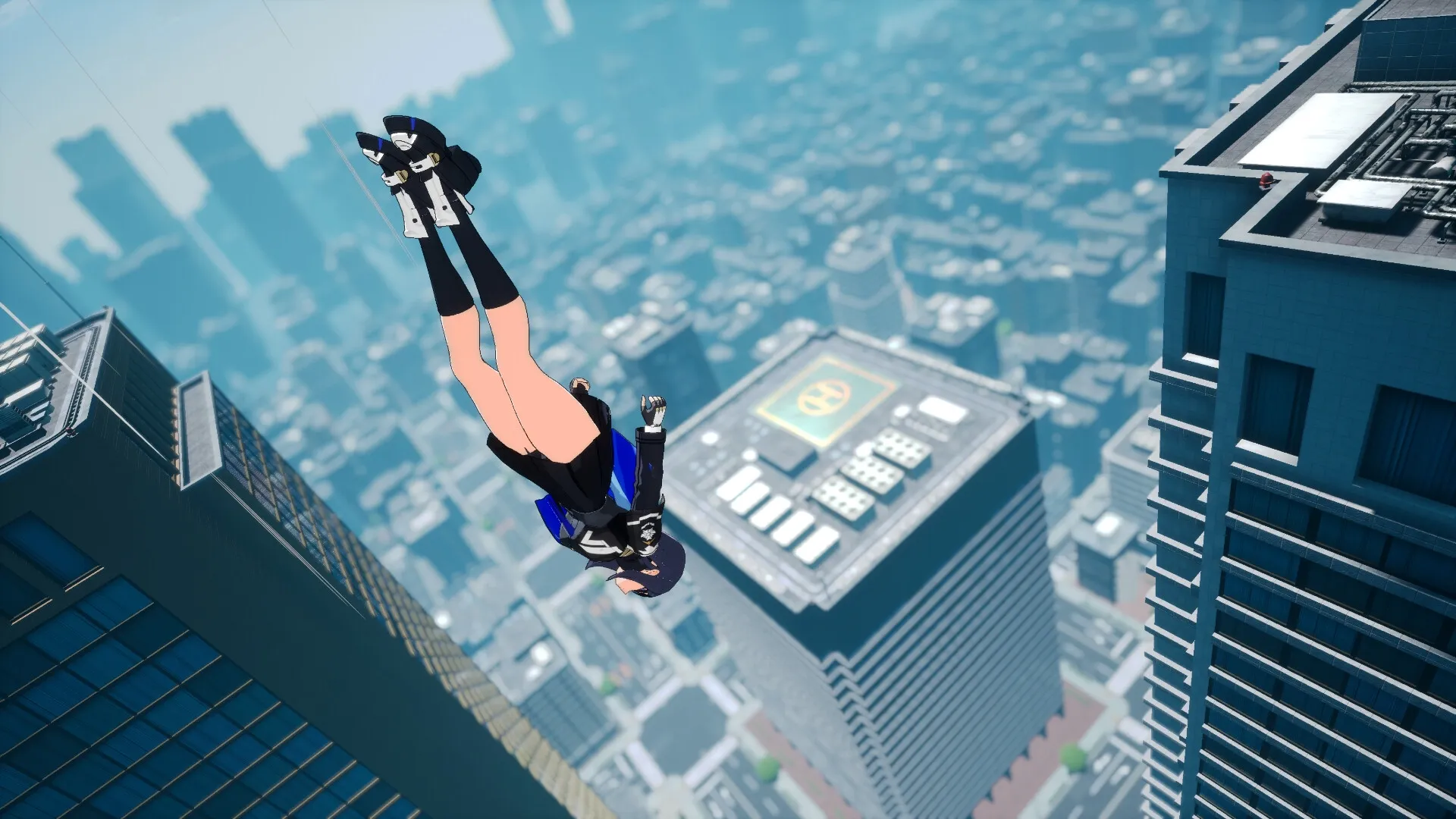 MIGHTREYA: Schoolgirl superhero Reya freefalls between skyscrapers in a sprawling cityscape below.