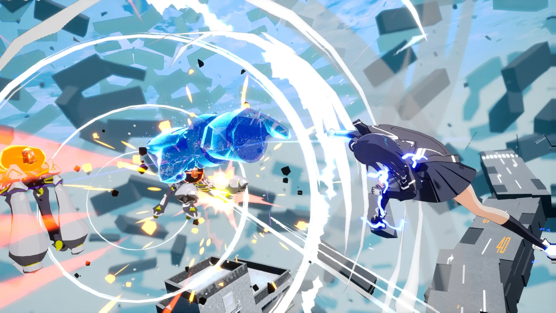 MIGHTREYA: Schoolgirl superhero Reya battles a giant blue creature in a dynamic, shattered cityscape.