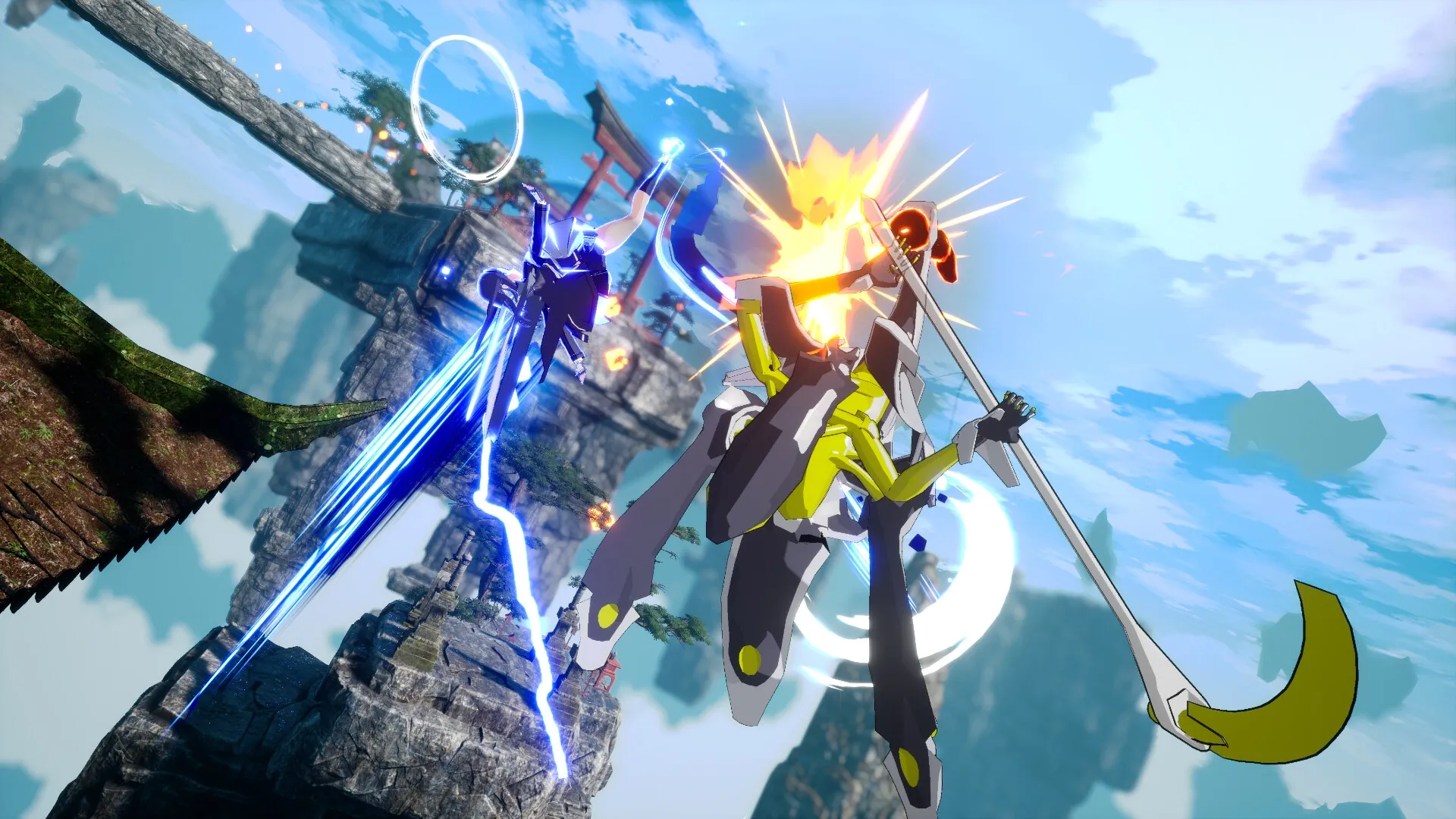 MIGHTREYA: Two armored characters engage in aerial combat against a vibrant sky with floating islands.